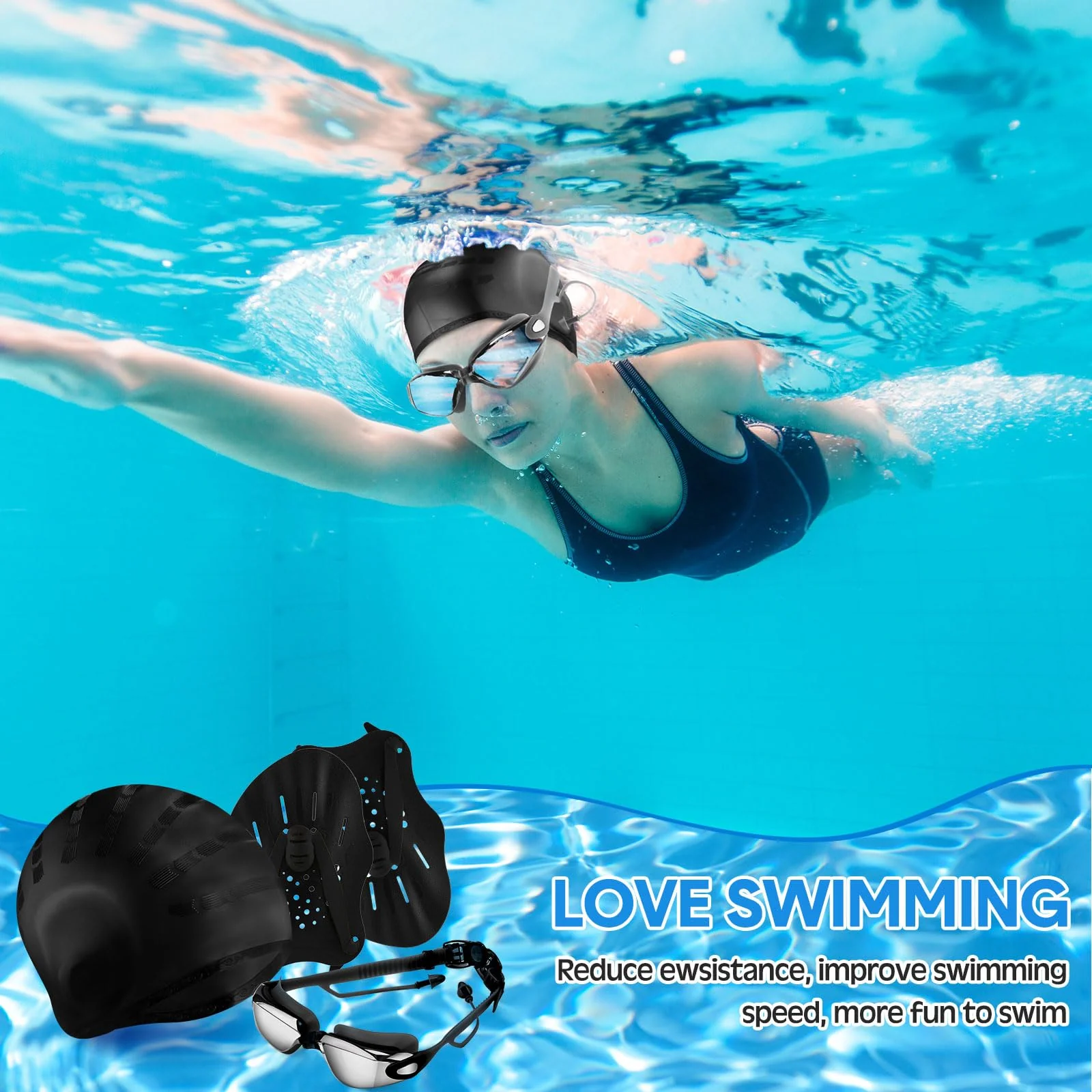 Foilswirl 8 Pcs Swimming Equipment Kit Anti Fog Swim Goggles Paddle Hand Cap Nose Cover Training Hand Paddles with Adjustable Straps for Lap Men Women(Black) - Image 3