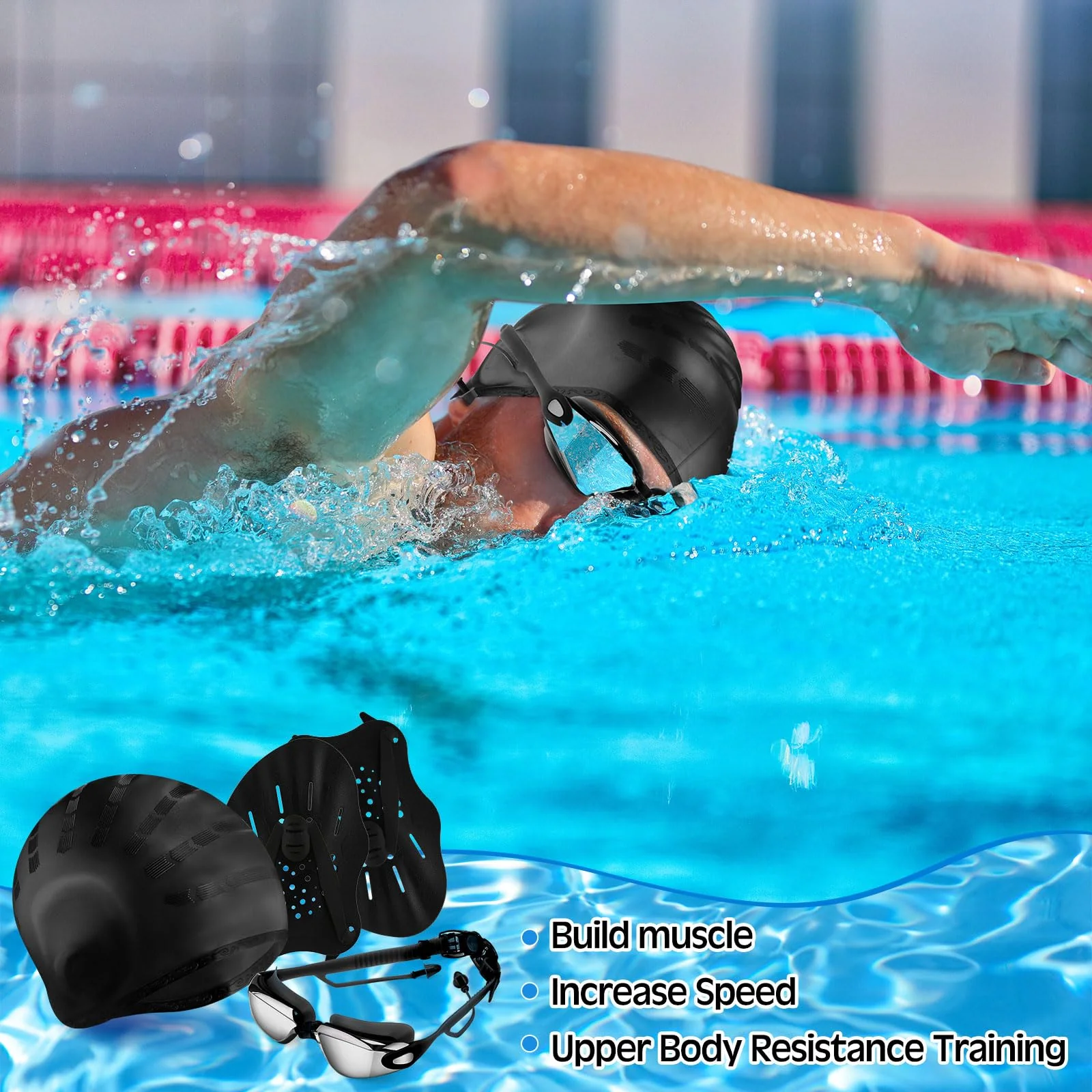 Foilswirl 8 Pcs Swimming Equipment Kit Anti Fog Swim Goggles Paddle Hand Cap Nose Cover Training Hand Paddles with Adjustable Straps for Lap Men Women(Black) - Image 4