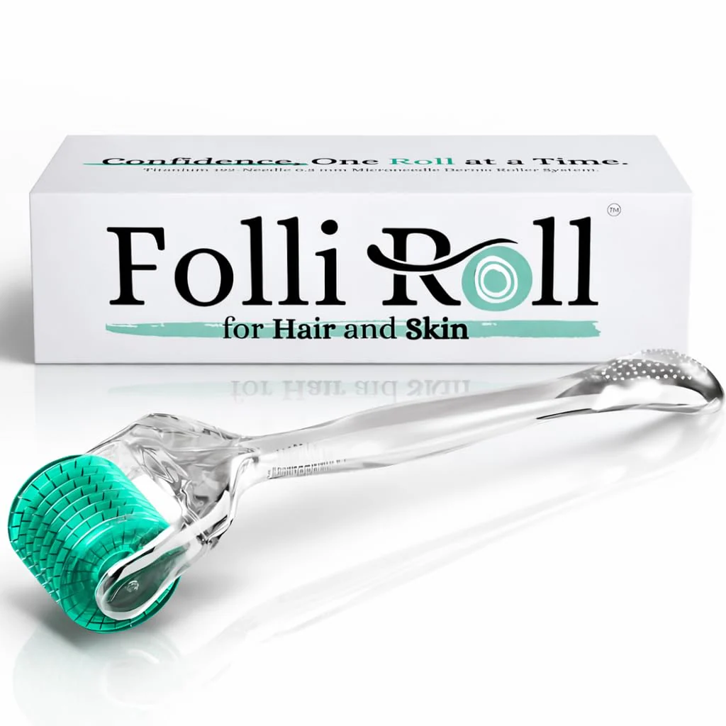 FolliRoll Derma Roller for HAIR and SKIN - for Face and Scalp Derma Stamp, 192 Titanium Individual Microneedles | FREE Storage Case | for Men and Women (0.30mm)