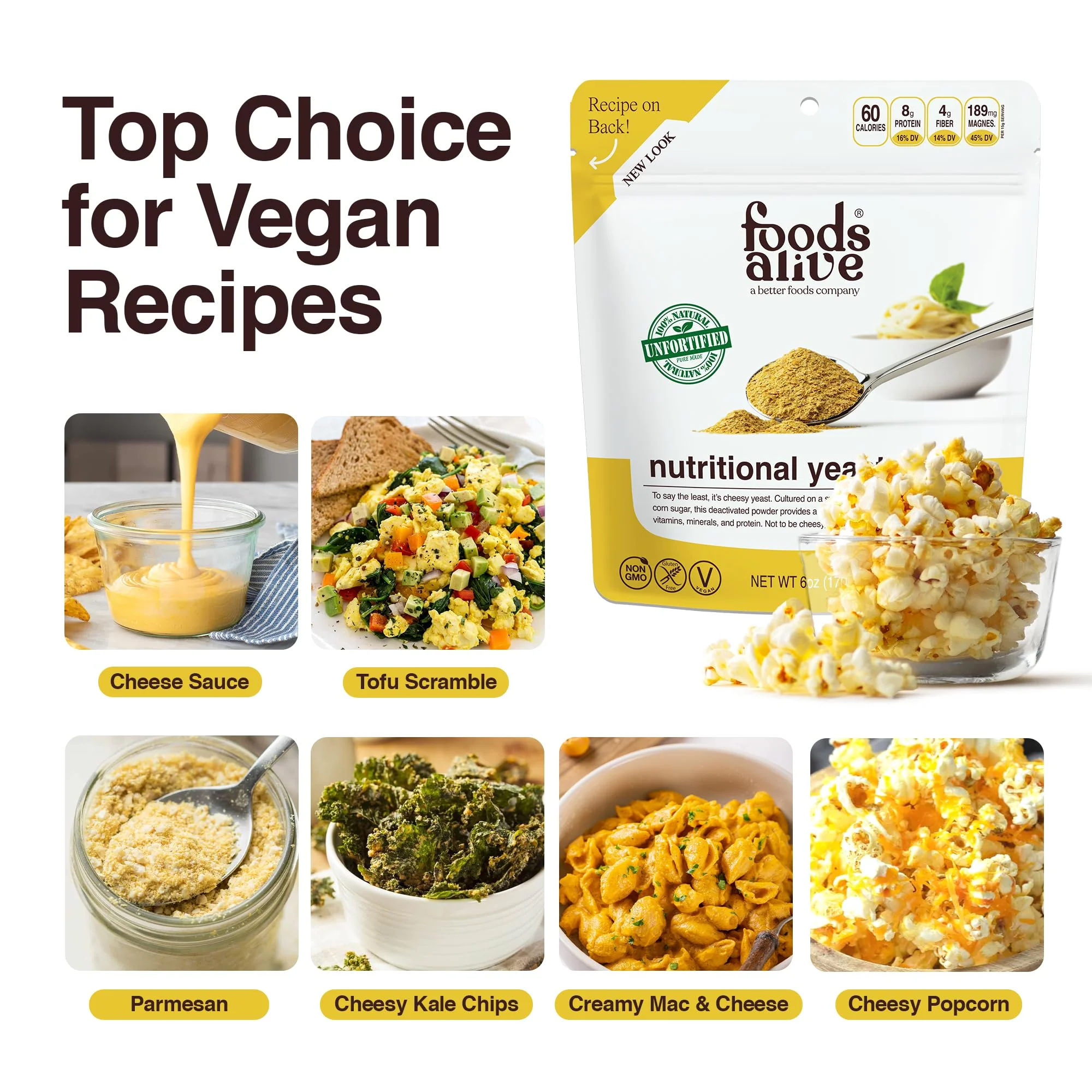 Foods Alive Nutritional Yeast Flakes – 6oz Pouch | Non-Fortified, Vegan, Gluten-Free, Non-GMO | Dairy-Free Cheese Substitute, Plant-Based Protein & Fiber - Image 6