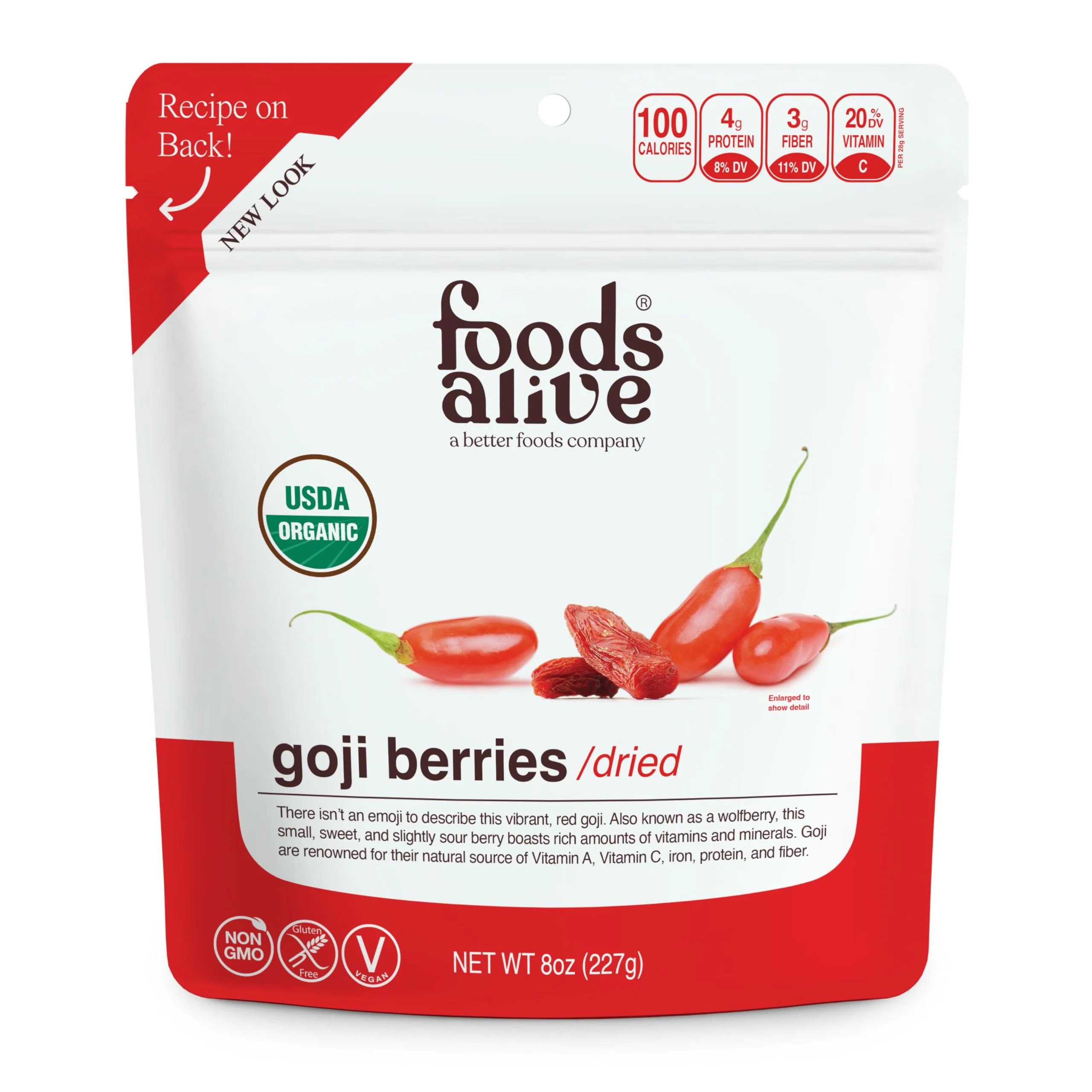 Foods Alive Organic Goji Berries, Baked Goods, Oatmeal & More – Vitamin A, Antioxidants, Fiber - Wolfberries, Non-GMO, Plant Based, Gluten Free, Vegan, Great snack or add to trail mixes - 8 Ounce Bag