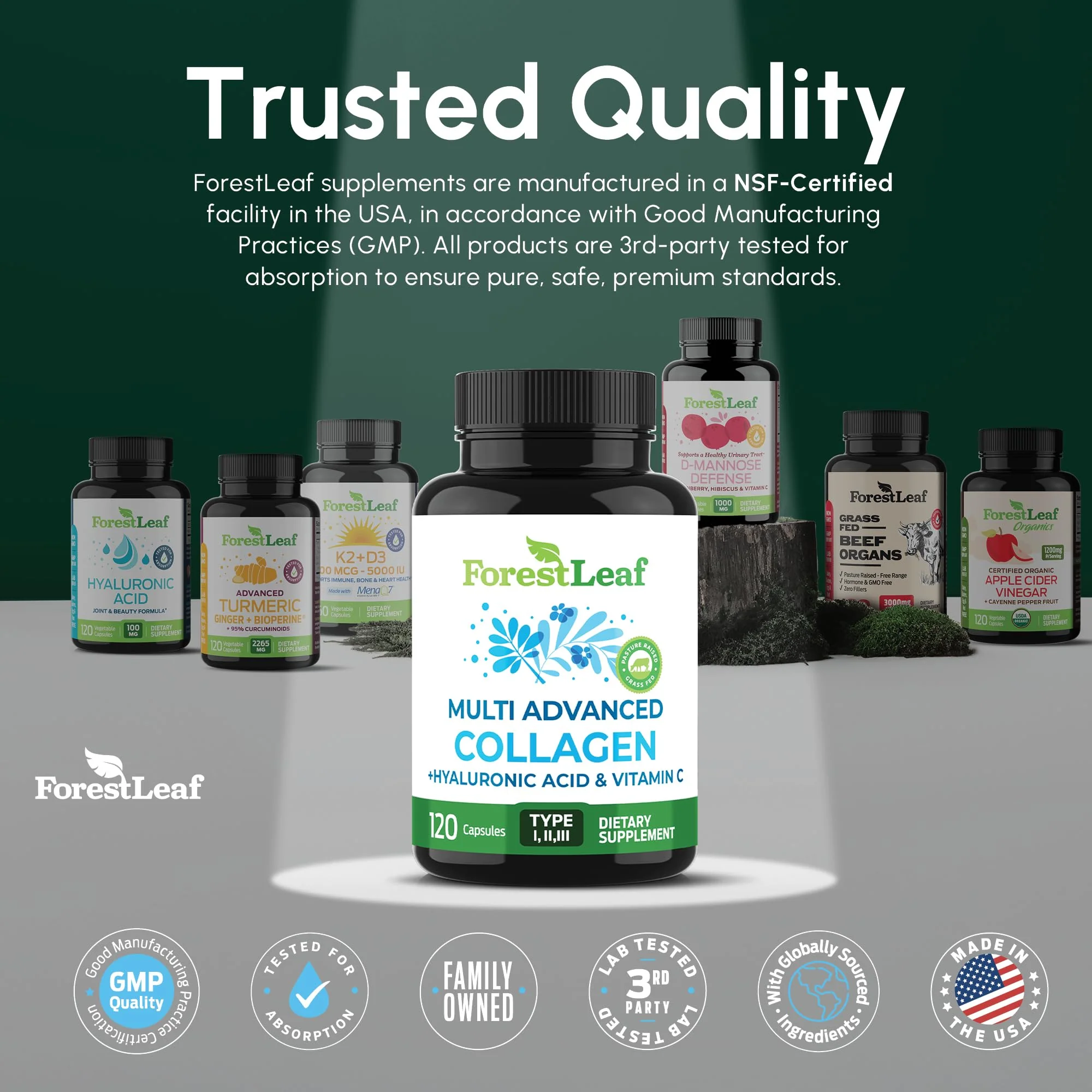 ForestLeaf Multi Collagen Pills with Hyaluronic Acid + Vitamin C | Hydrolyzed Collagen Supplements for Women or Men | Multi Collagen Capsules Peptides for Skin, Wrinkles, 120 Caps - Image 3