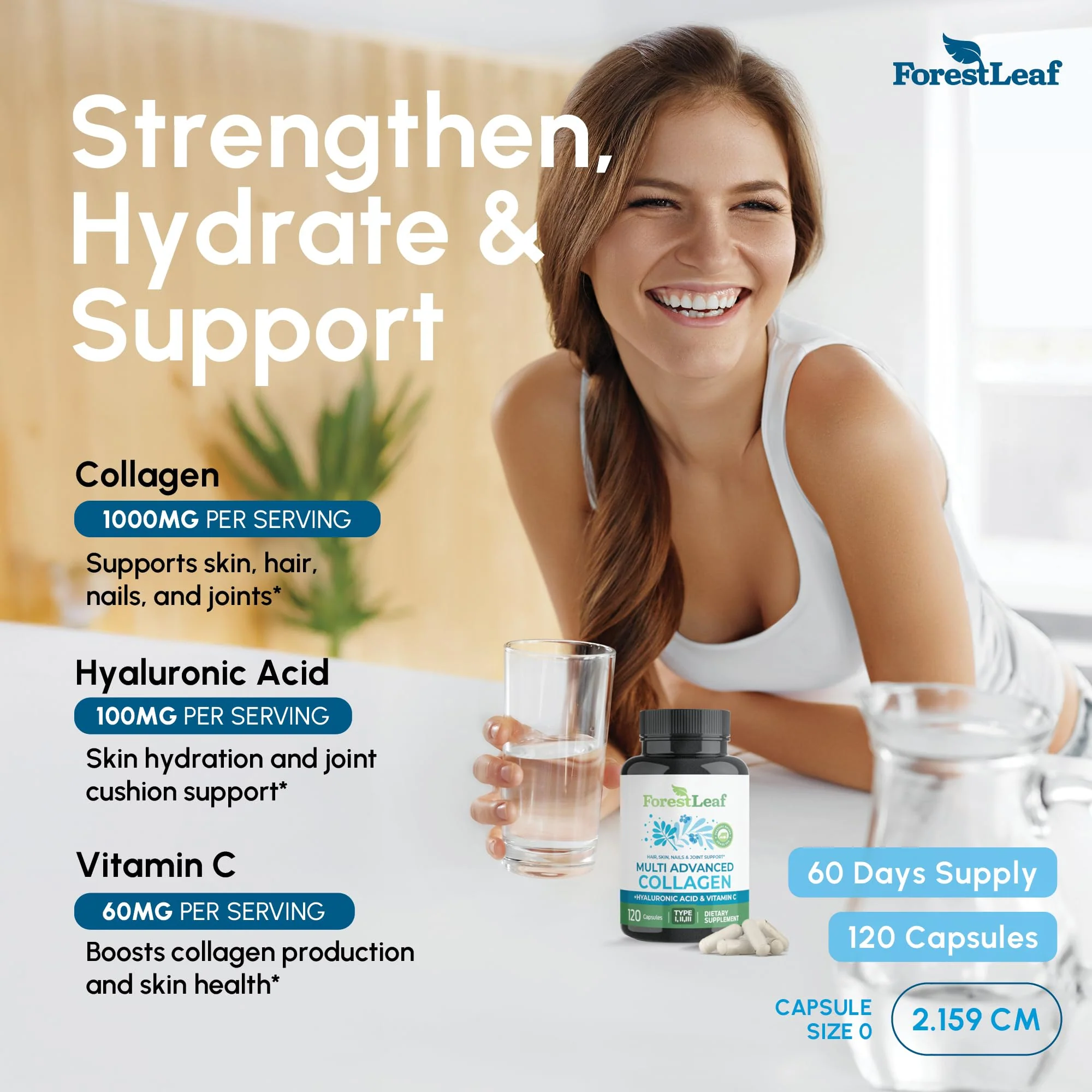 ForestLeaf Multi Collagen Pills with Hyaluronic Acid + Vitamin C | Hydrolyzed Collagen Supplements for Women or Men | Multi Collagen Capsules Peptides for Skin, Wrinkles, 120 Caps - Image 9