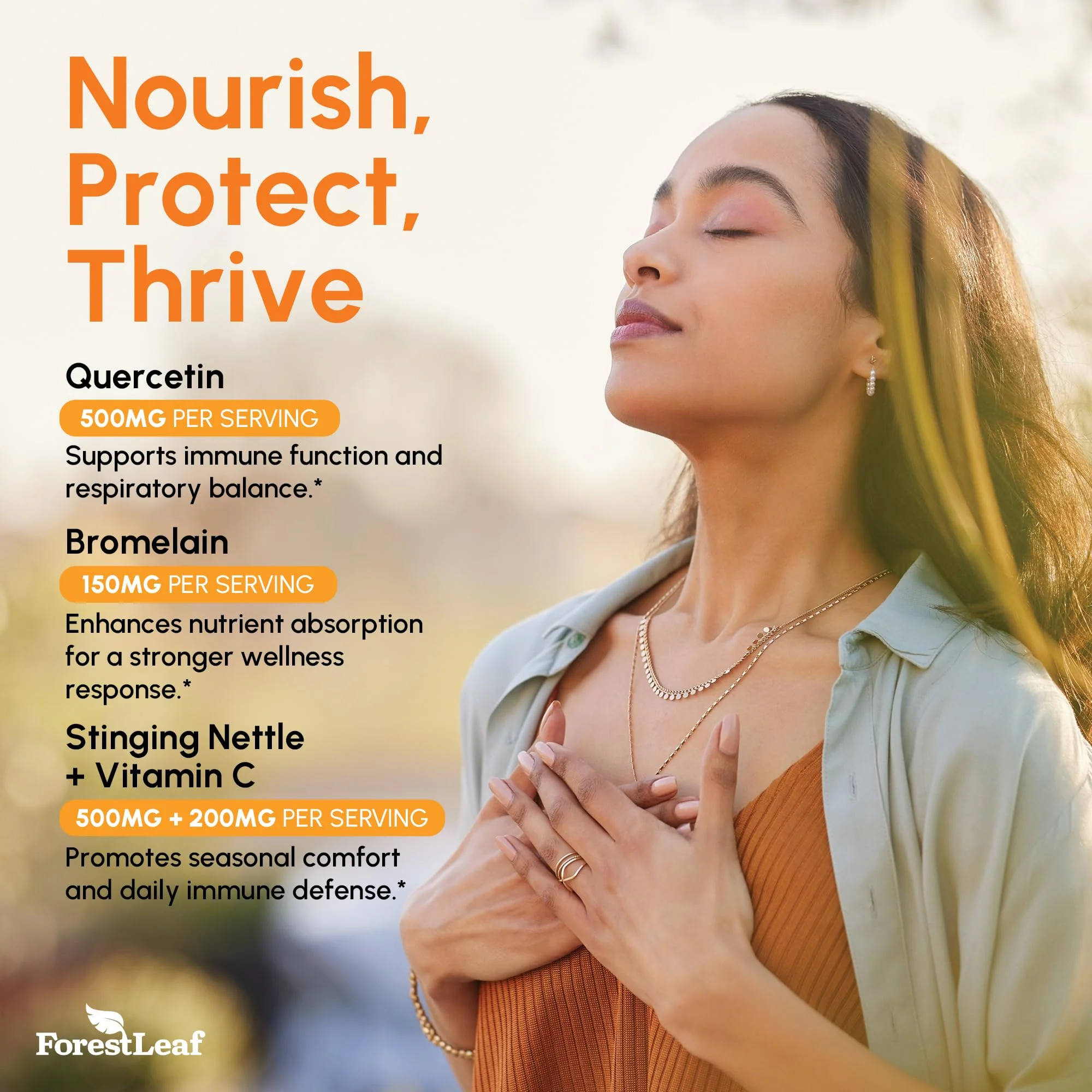 ForestLeaf Quercetin with Bromelain 1350mg - Blend with Vitamin C & Stinging Nettle Supplement, Quercetin 500mg Capsules, Non-GMO Gluten Free, Natural Function, 90 Veggie Caps - Image 6