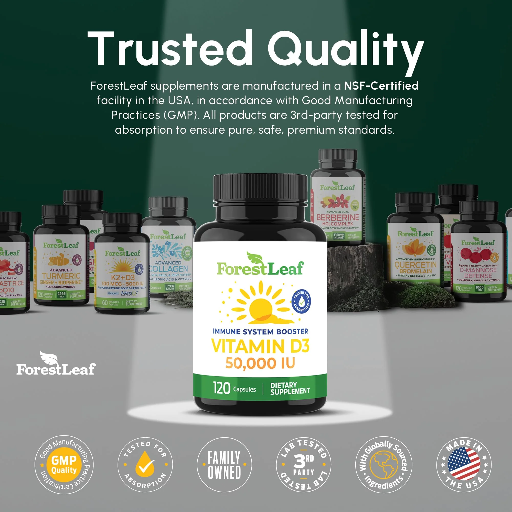 ForestLeaf Vitamin D3 50,000 IU | VIT D - Kosher VIT D3 Vitamin D Supplement for Women and Men | Bone Health, Teeth, Immune Support | Weekly Dose, 2-Year Supply, 120 Caps - Image 4