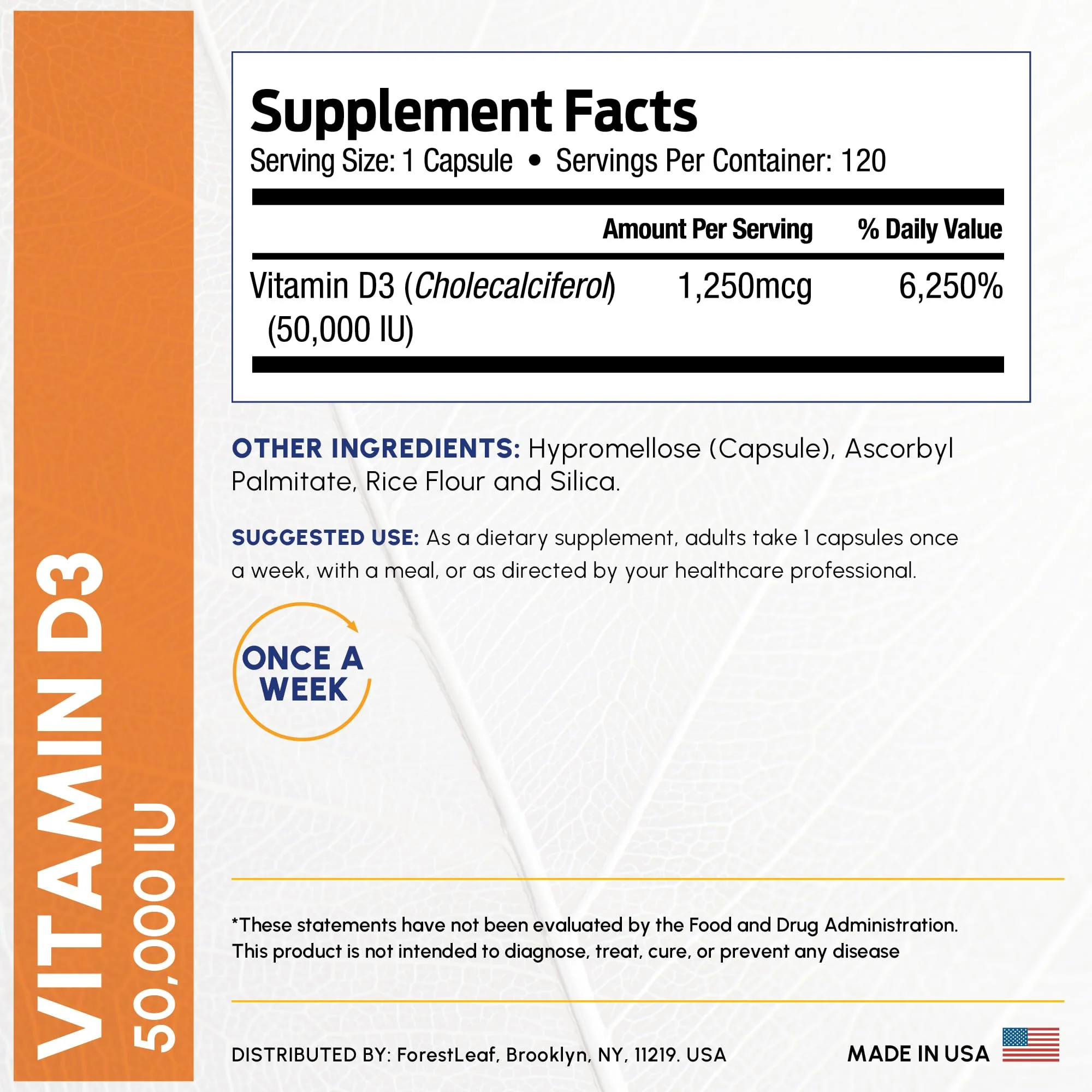ForestLeaf Vitamin D3 50,000 IU | VIT D - Kosher VIT D3 Vitamin D Supplement for Women and Men | Bone Health, Teeth, Immune Support | Weekly Dose, 2-Year Supply, 120 Caps - Image 7