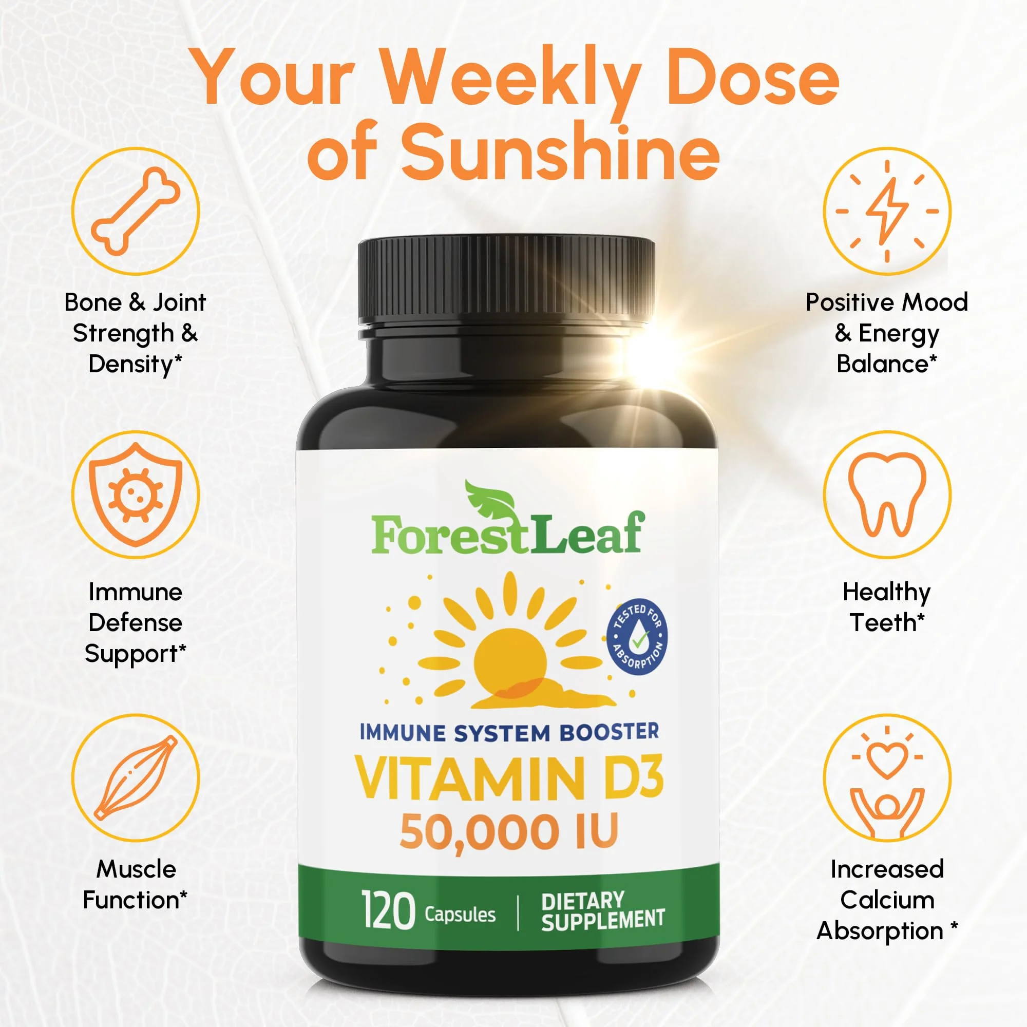 ForestLeaf Vitamin D3 50,000 IU | VIT D - Kosher VIT D3 Vitamin D Supplement for Women and Men | Bone Health, Teeth, Immune Support | Weekly Dose, 2-Year Supply, 120 Caps - Image 8