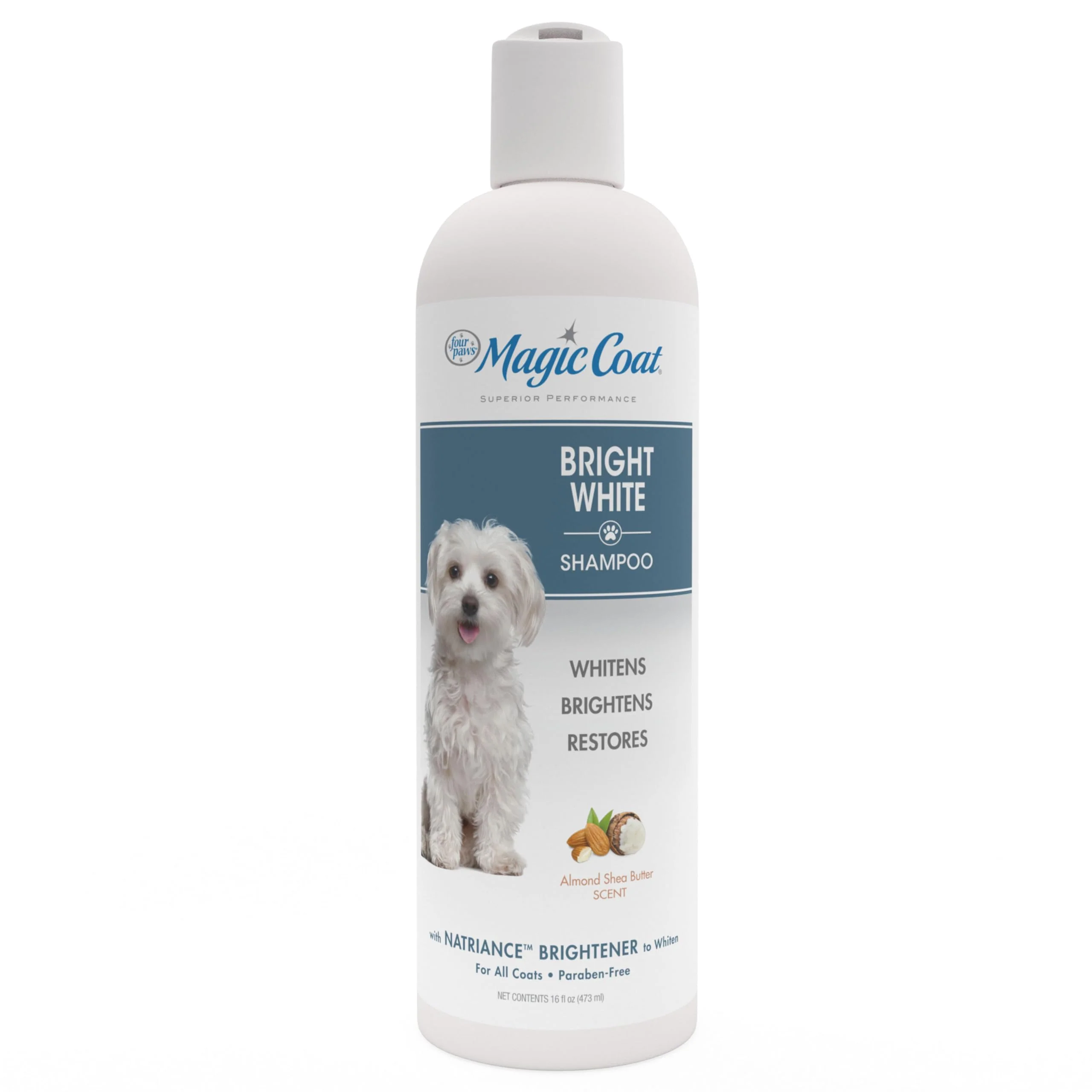 Four Paws Magic Coat Bright White Whitening Shampoo for Dogs with Natriance Brightener, Brightening Dog Wash, Removes Tear Stains, Almond Shea Butter Scent, 16 Ounce