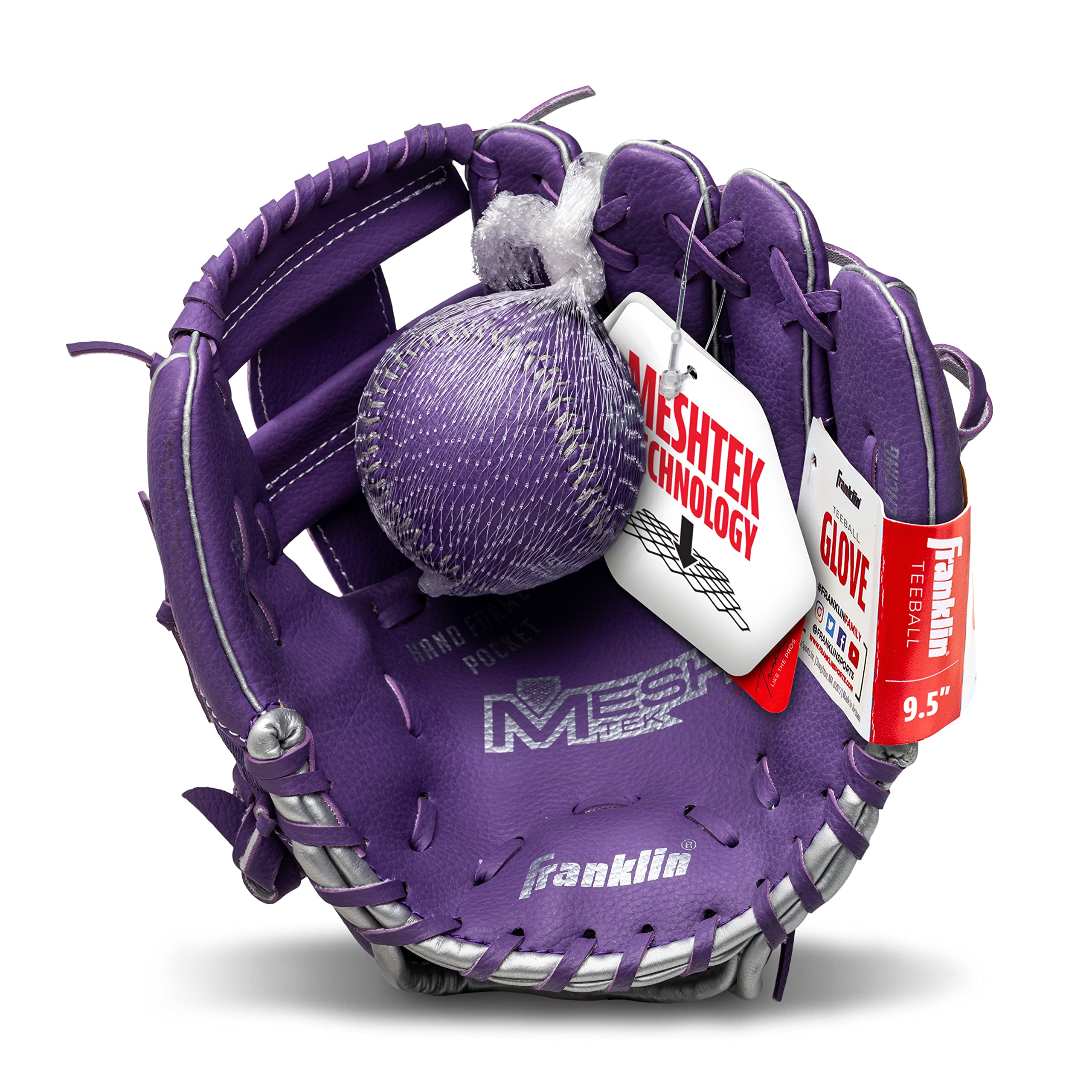 Franklin Sports Meshtek Teeball Fielding Glove with Ball - Right Hand Throw - 9.5" - Purple/Chrome - Image 2