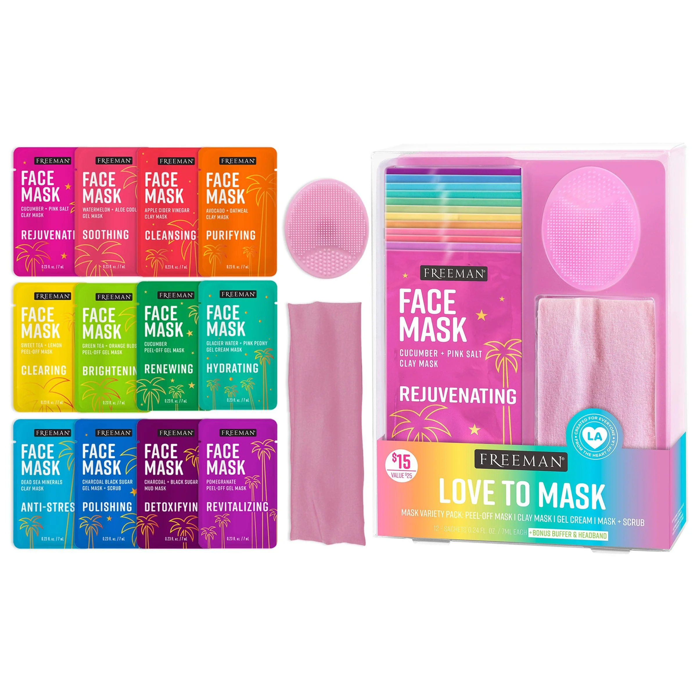 Freeman Facial Love To Mask Variety Pack: Oil Absorbing Clay, Detoxifying Charcoal, Clearing Peel Off, Hydrating Gel Cream, Exfoliating Scrub (14 Piece Kit with Bonus Buffer and Headband)