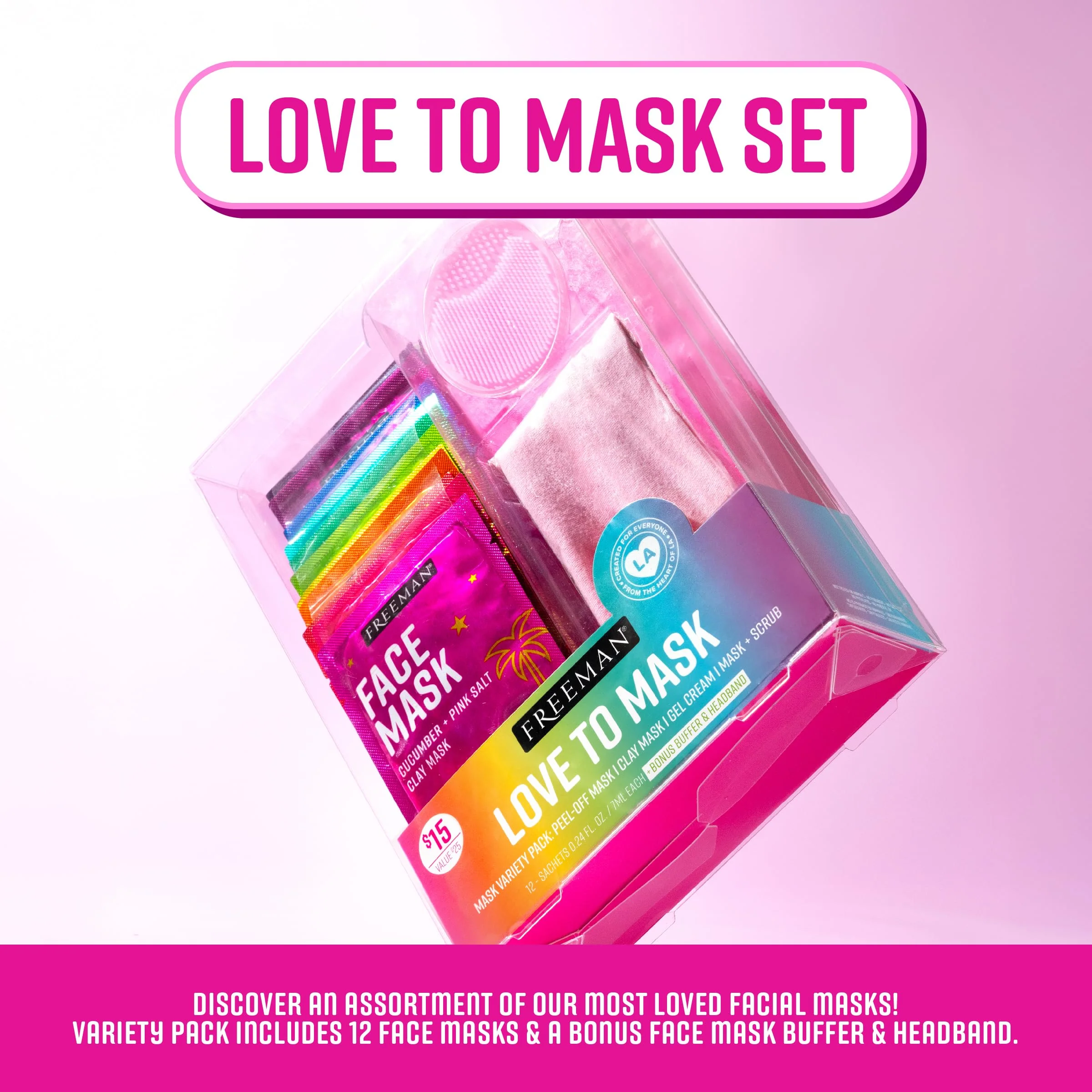 Freeman Facial Love To Mask Variety Pack: Oil Absorbing Clay, Detoxifying Charcoal, Clearing Peel Off, Hydrating Gel Cream, Exfoliating Scrub (14 Piece Kit with Bonus Buffer and Headband) - Image 11