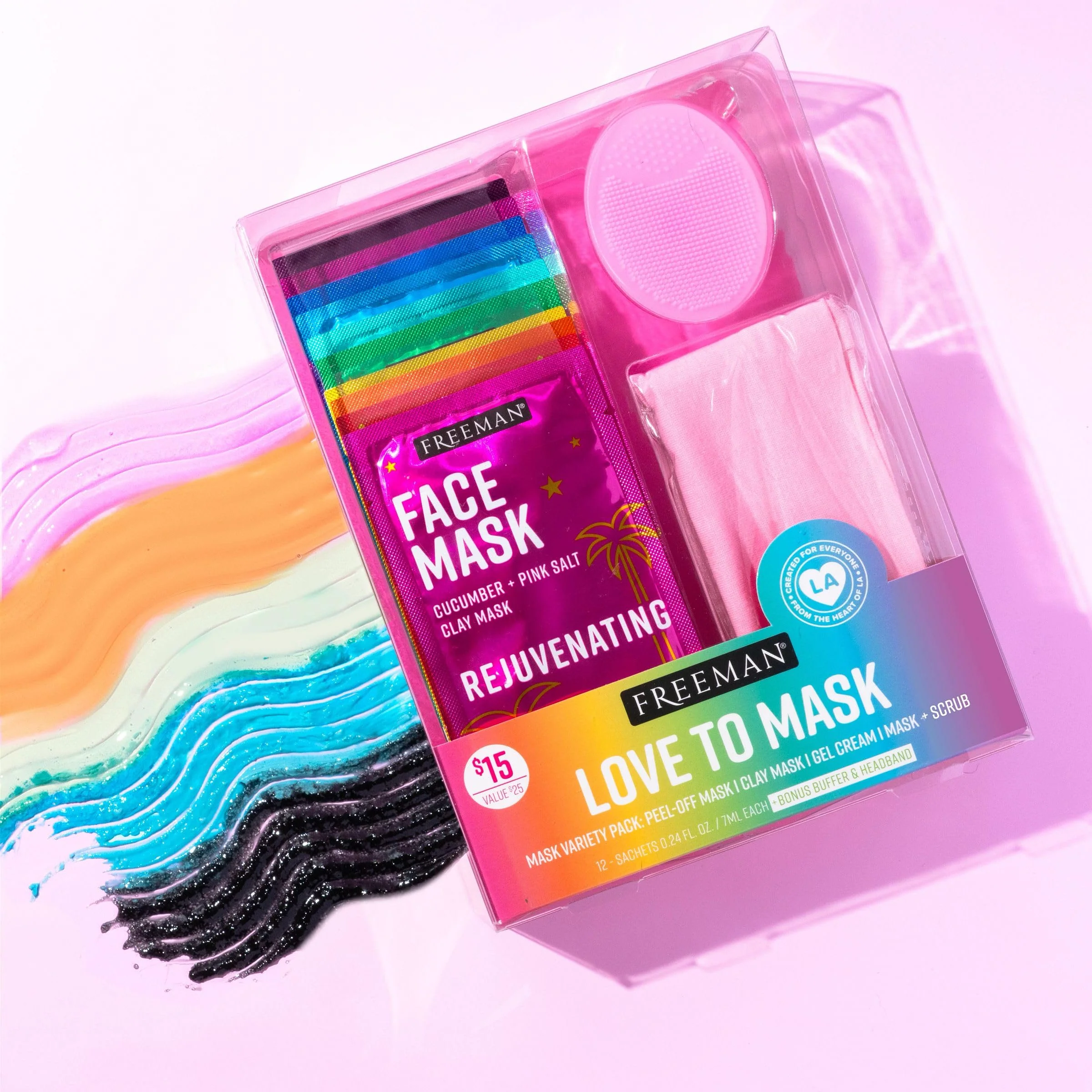 Freeman Facial Love To Mask Variety Pack: Oil Absorbing Clay, Detoxifying Charcoal, Clearing Peel Off, Hydrating Gel Cream, Exfoliating Scrub (14 Piece Kit with Bonus Buffer and Headband) - Image 7