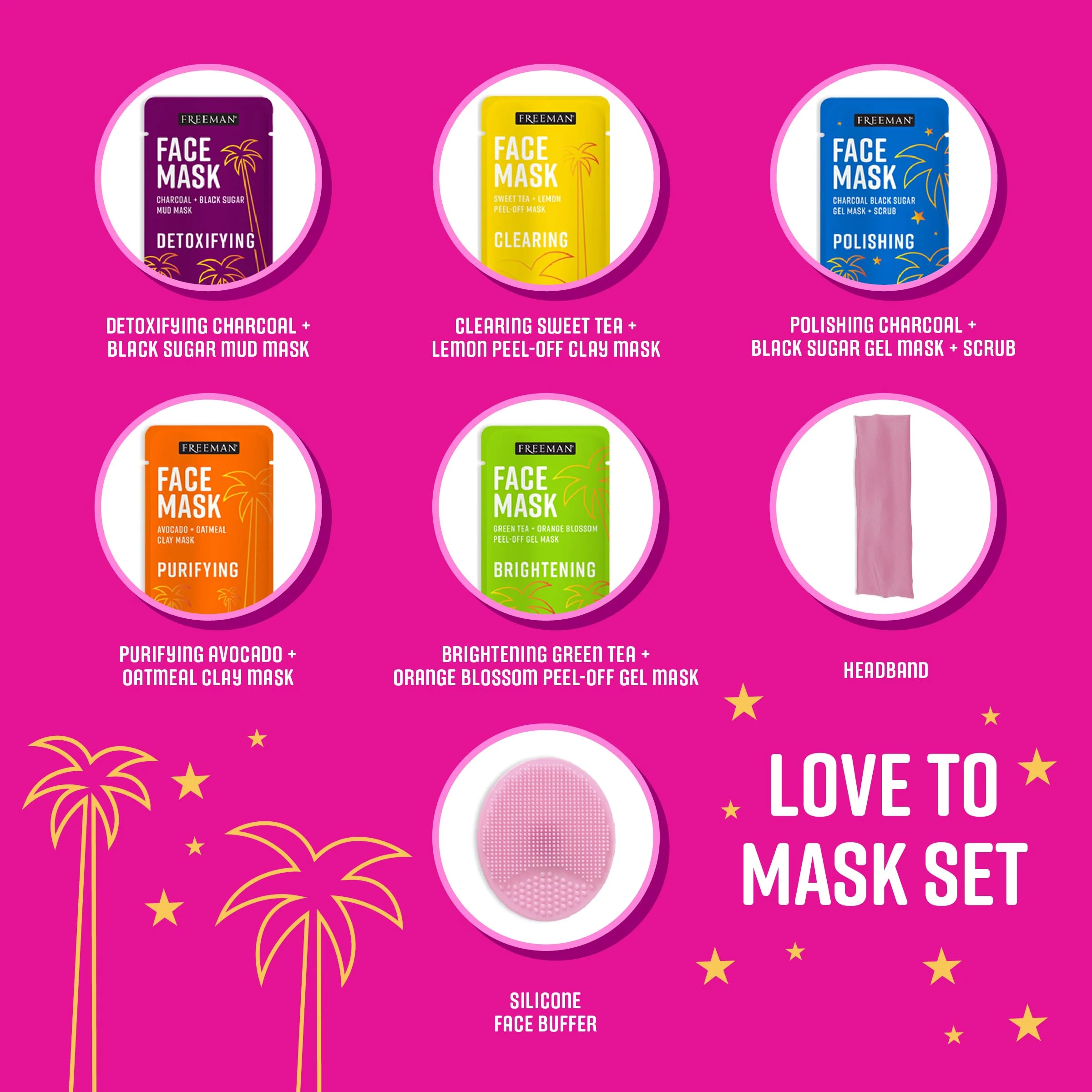 Freeman Facial Love To Mask Variety Pack: Oil Absorbing Clay, Detoxifying Charcoal, Clearing Peel Off, Hydrating Gel Cream, Exfoliating Scrub (14 Piece Kit with Bonus Buffer and Headband) - Image 9