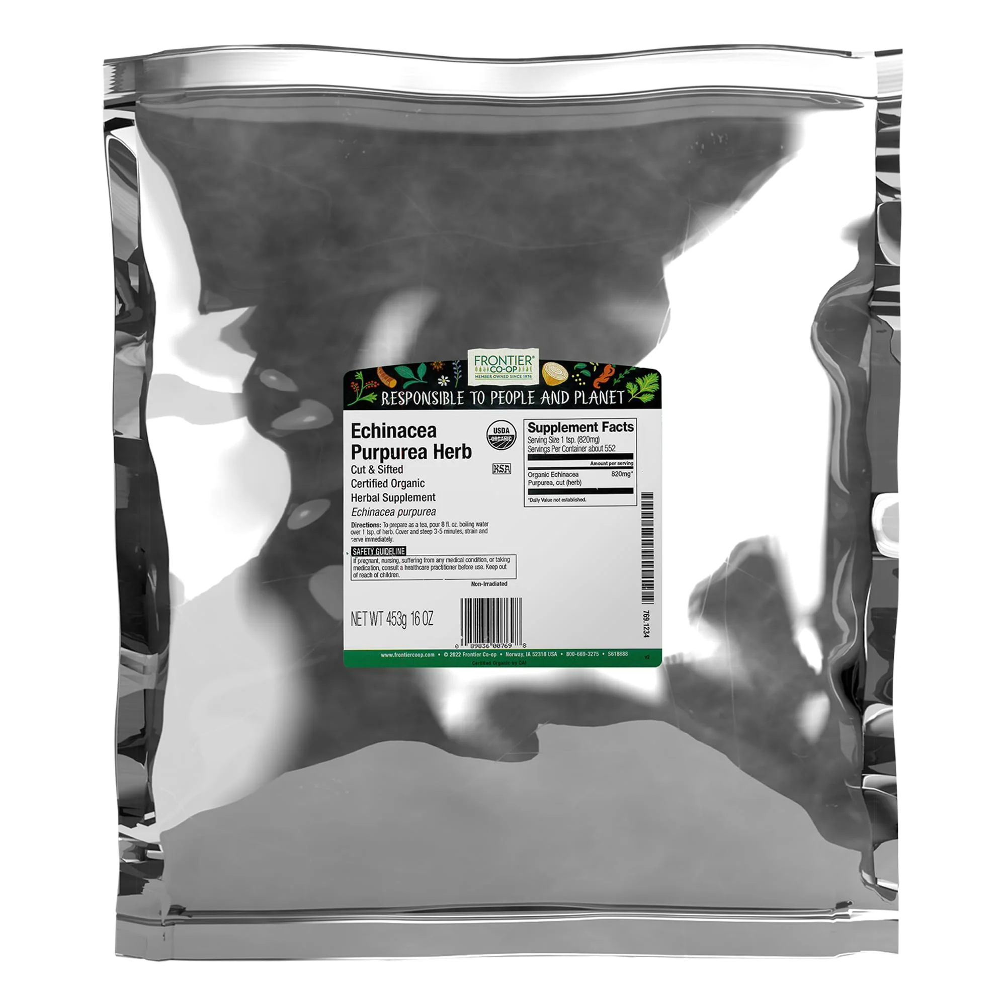 Frontier Co-op Echinacea Purpurea Root, Cut and Sifted, Certified Organic, Kosher | 1 lb. Bulk Bag | Echinacea purpurea (L.) Moench