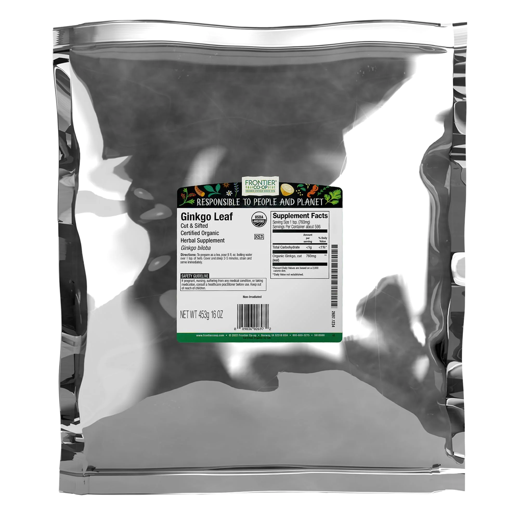 Frontier Co-op Organic Ginkgo Leaf, 1lb Bulk Bag, Cut and Sifted | Dried Ginkgo Biloba Leaf | Ideal for Tea and Herbal Uses, Kosher