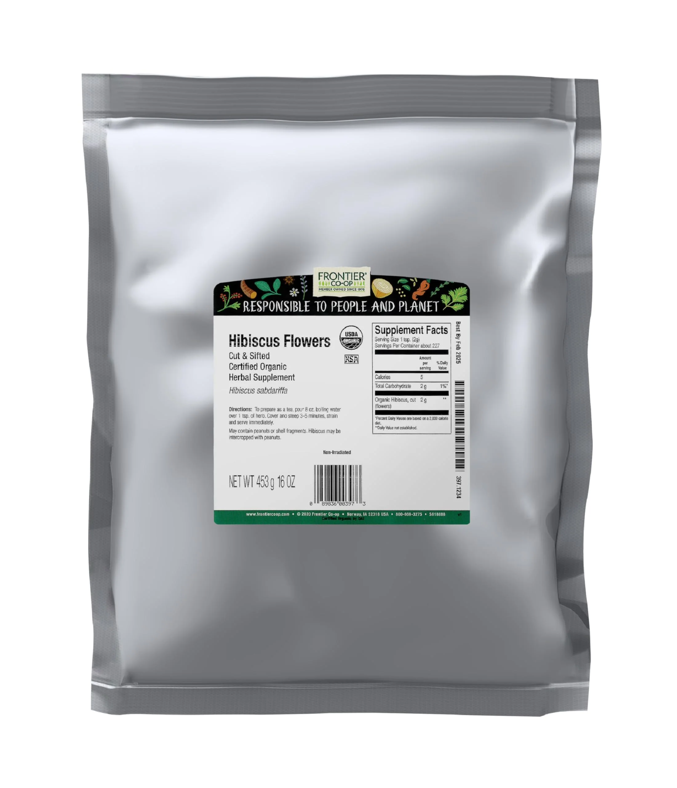 Frontier Co-op Organic Hibiscus Flowers, 16 Ounce, Sun Dried Bright Red Color, Fruity Flavor, Non Irradiated, Non ETO, Kosher