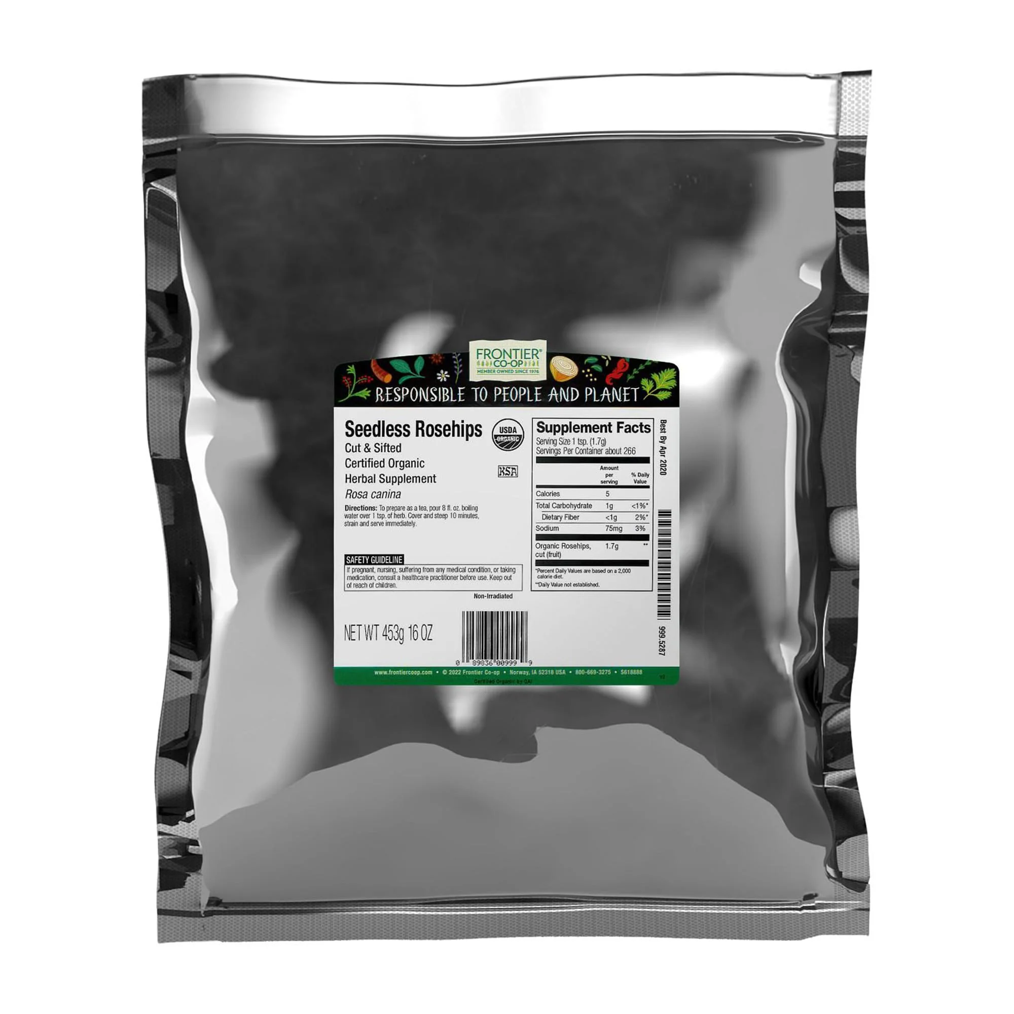 Frontier Co-op Organic Seedless Rosehips, Cut and Sifted - 100% Natural Dried Rose Hips for Rosehip Tea Organic, Powder, Oil - Kosher | 16 Ounce (Pack of 1)