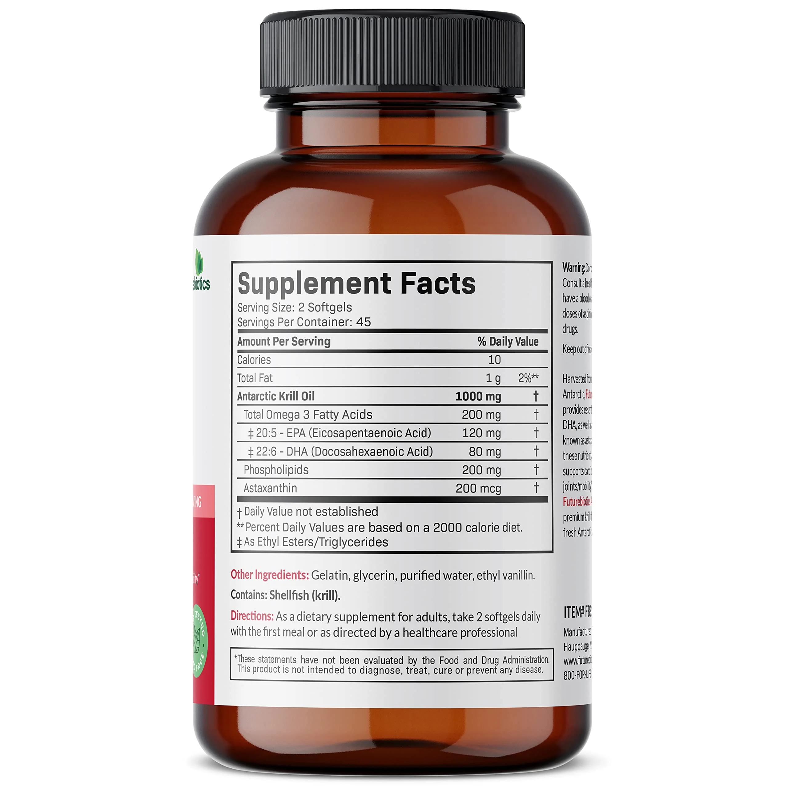 Futurebiotics Antarctic Krill Oil 1000mg with Omega-3s EPA, DHA, Astaxanthin and Phospholipids - Premium Krill Oil Heavy Metal Tested, Non GMO – 90 Softgels (45 Servings) - Image 8