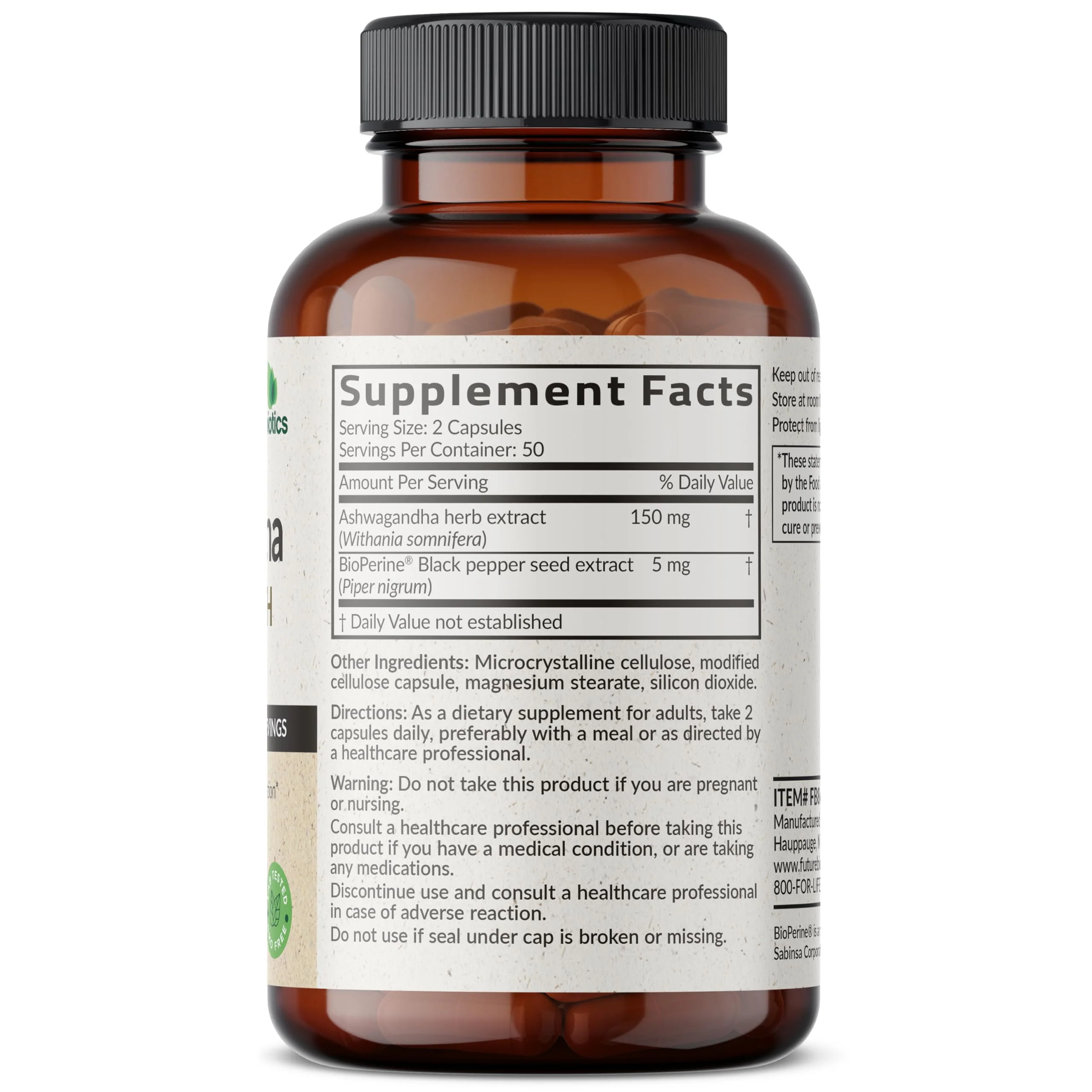 Futurebiotics Ashwagandha Extra Strength Stress & Mood Support with BioPerine - Non GMO Formula, 100 Vegetarian Capsules - Image 8