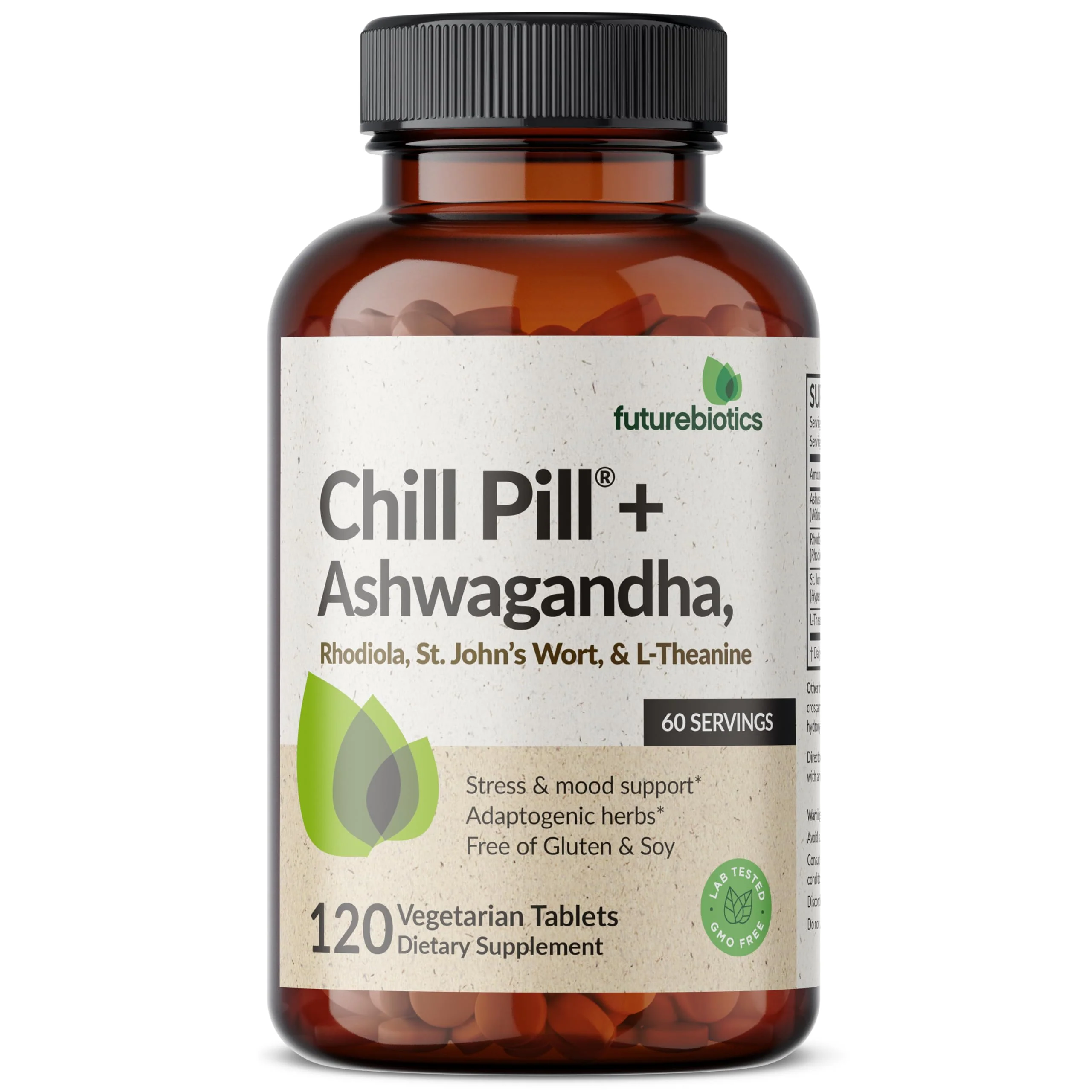 Futurebiotics Chill Pill + Ashwagandha, Rhodiola, St. John’s Wort, & L-Theanine - Non-GMO, 120 Vegetarian Tablets - Image 5