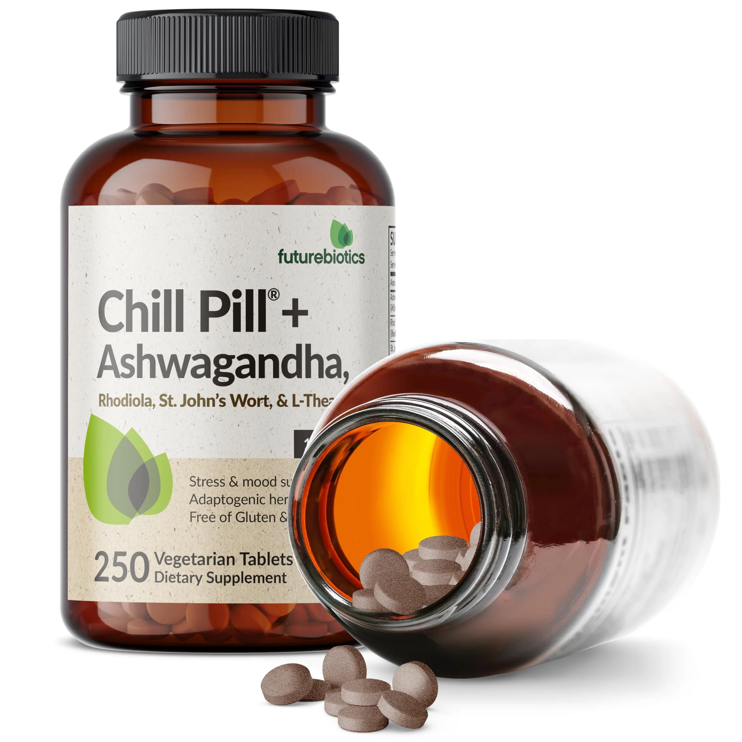 Futurebiotics Chill Pill + Ashwagandha, Rhodiola, St. John’s Wort, & L-Theanine - Non-GMO, 250 Vegetarian Tablets - Image 4
