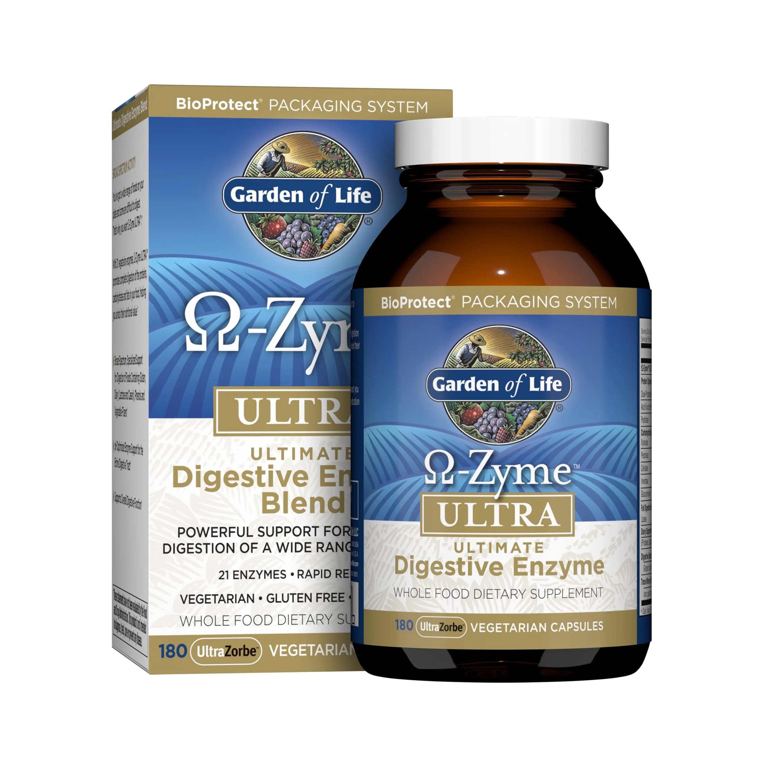 Garden of Life 21 Powerful Digestive Enzymes with Papain, Bromelain, Lipase, Ginger, Turmeric for Complete Digestion of Protein, Carbs & Fats â€“ Omega-Zyme ULTRA, Gluten-Free, Vegetarian, 180 Capsules
