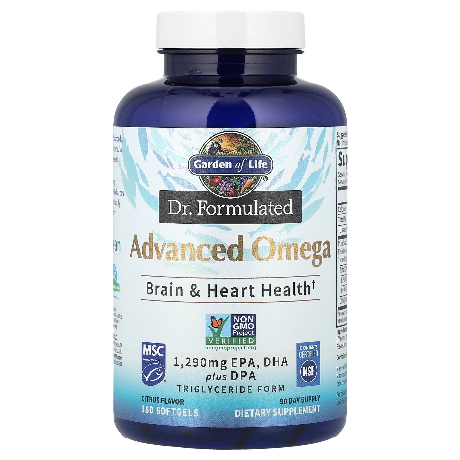 Garden of Life Dr. Formulated Advanced Omega Fish Oil, 1,290mg EPA DHA & DPA in Triglyceride Form - Omega 3 Fish Oil Supplement for Heart Health & Brain Support, Non-GMO, Citrus Flavored, 180 Softgels - Image 6