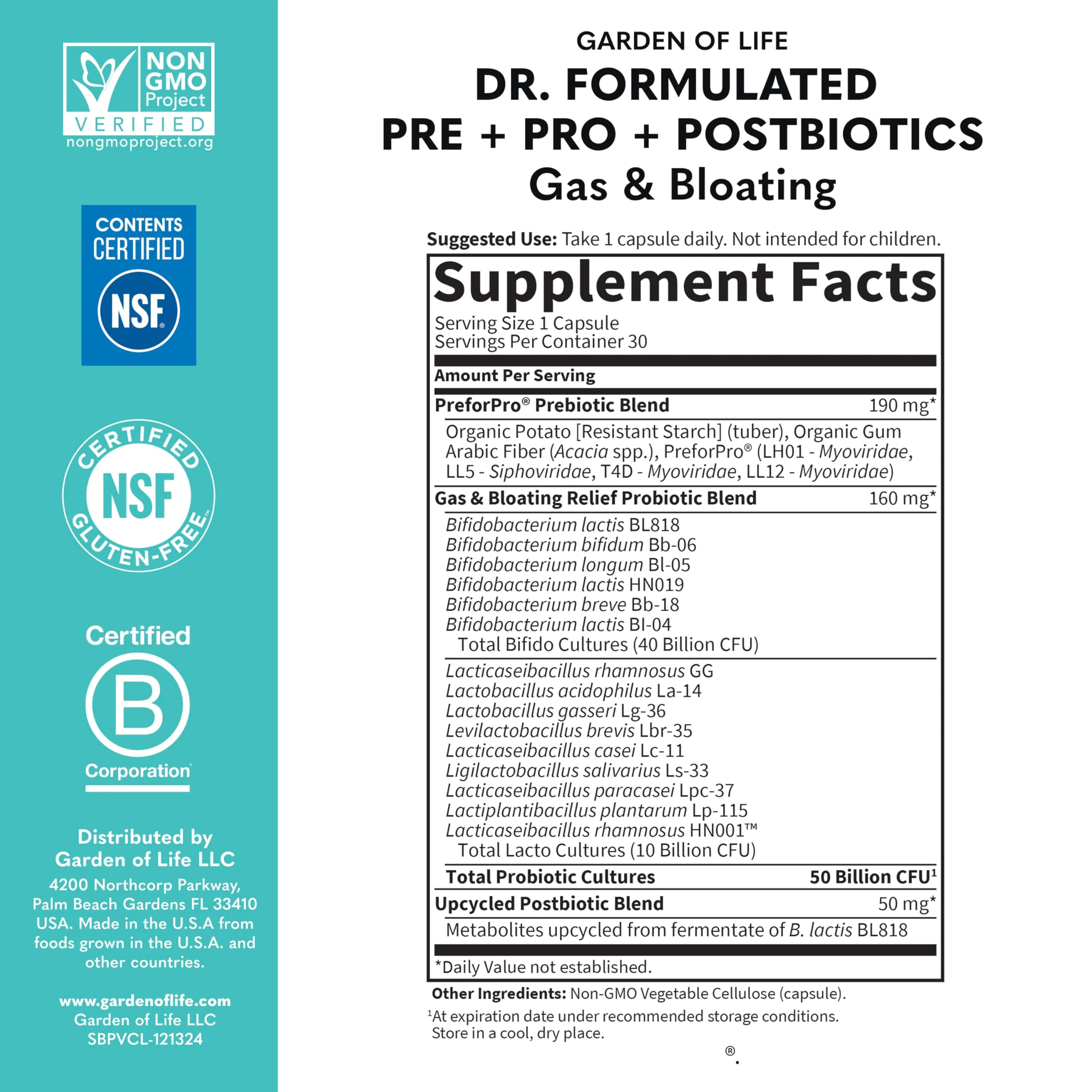 Garden of Life Dr. Formulated Pre, Post & Probiotics Gas & Bloating Once Daily 3-in-1 Complete Prebiotics, Postbiotics & Probiotics â€“ 50 Billion CFU, Non-GMO, Gluten-Free, 30 Day Supply - Image 6