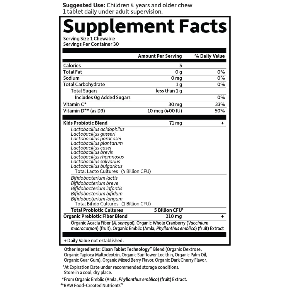 Garden of Life Dr. Formulated Probiotics Organic Kids+ plus Vitamin C & D - Berry Cherry - Gluten, Dairy & Soy Free Immune & Digestive Health Supplement, No Added Sugar, 30 Chewables (Shelf Stable) - Image 3