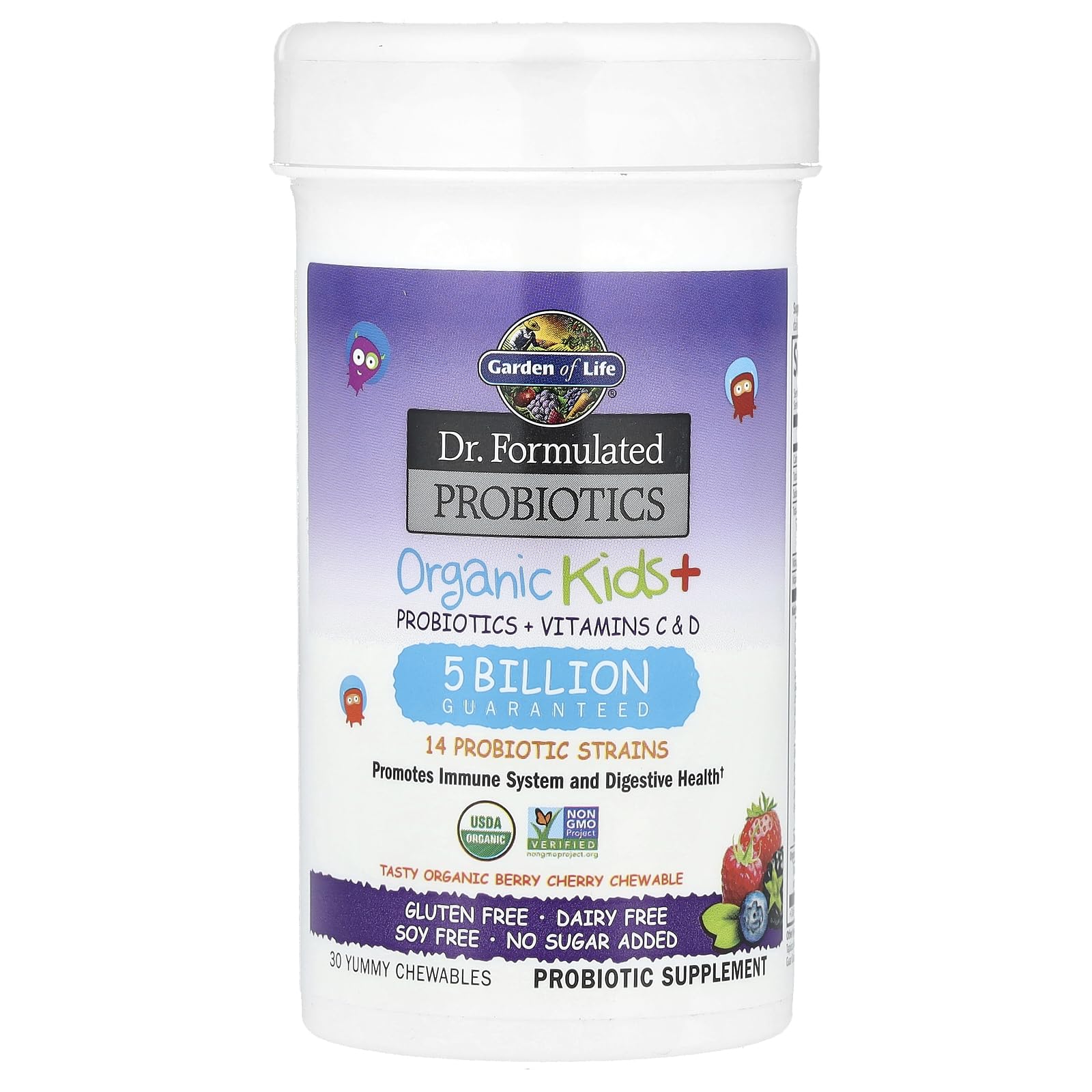 Garden of Life Dr. Formulated Probiotics Organic Kids+ plus Vitamin C & D - Berry Cherry - Gluten, Dairy & Soy Free Immune & Digestive Health Supplement, No Added Sugar, 30 Chewables (Shelf Stable) - Image 6