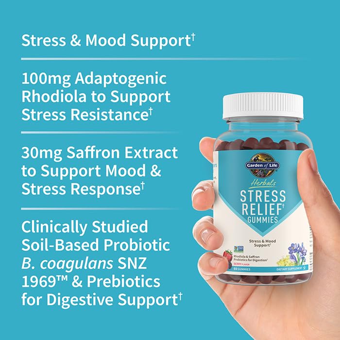 Garden of Life Herbals Stress Relief Gummy with Rhodiola & Saffron for Positive Mood & Stress Response Plus Prebiotics & Probiotics for Digestive Support, Gluten-Free, Berry Flavor, 30 Servings - Image 5