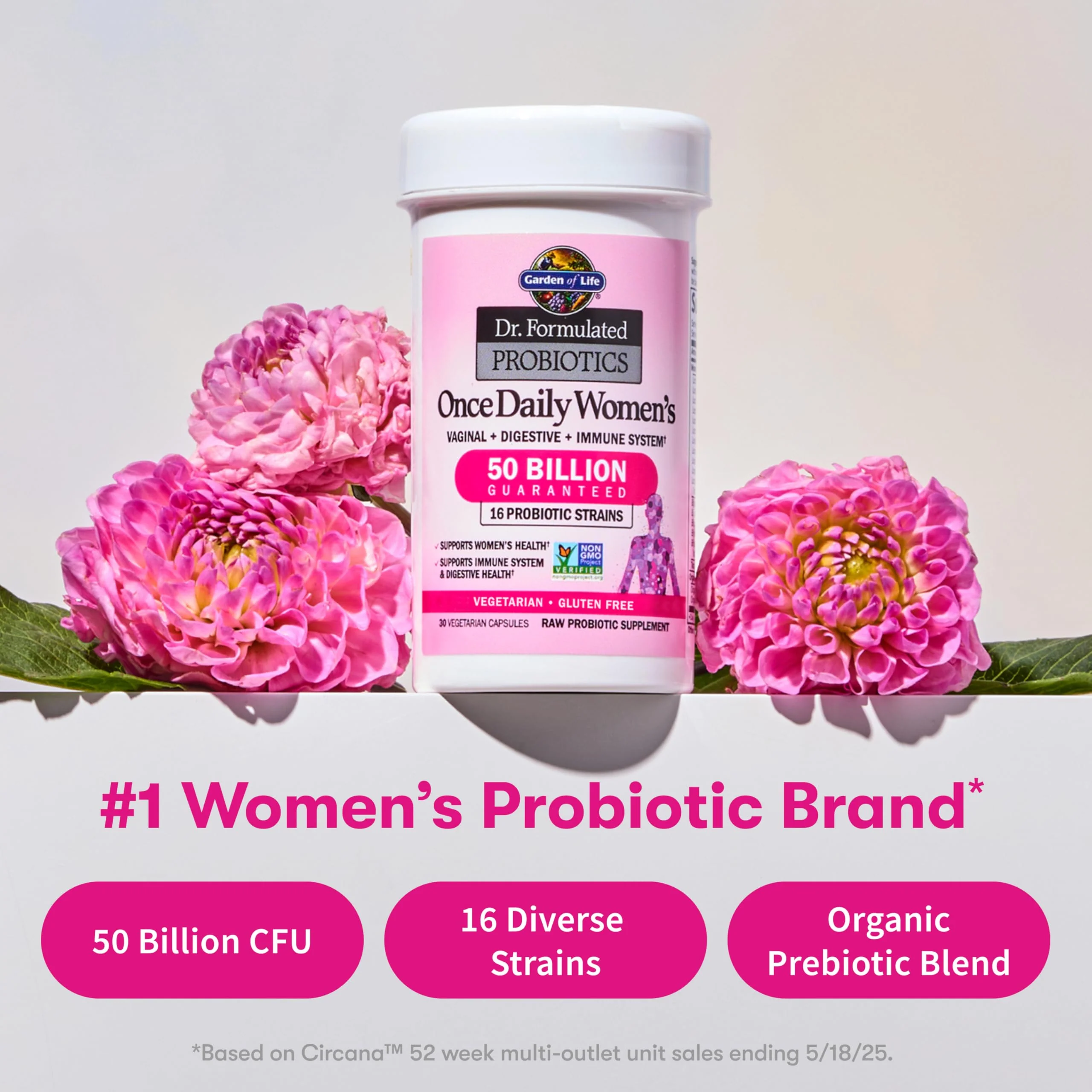 Garden of Life Once Daily Dr. Formulated Probiotics for Women 50 Billion CFU 16 Probiotic Strains with Organic Prebiotics for Digestive, Vaginal & Immune Health, Dairy Free, Shelf Stable 30 Capsules - Image 6