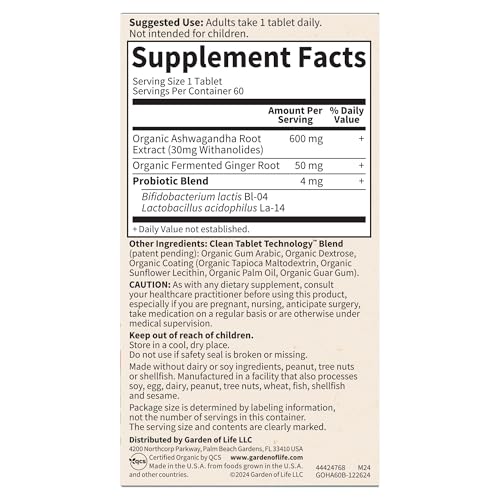 Garden of Life Organic Ashwagandha Supplement with Probiotics & Ginger - Stress, Mood & Energy Support, Vegan, Gluten Free, Non GMO, 2 Month Supply, 60 Tablets - Image 2