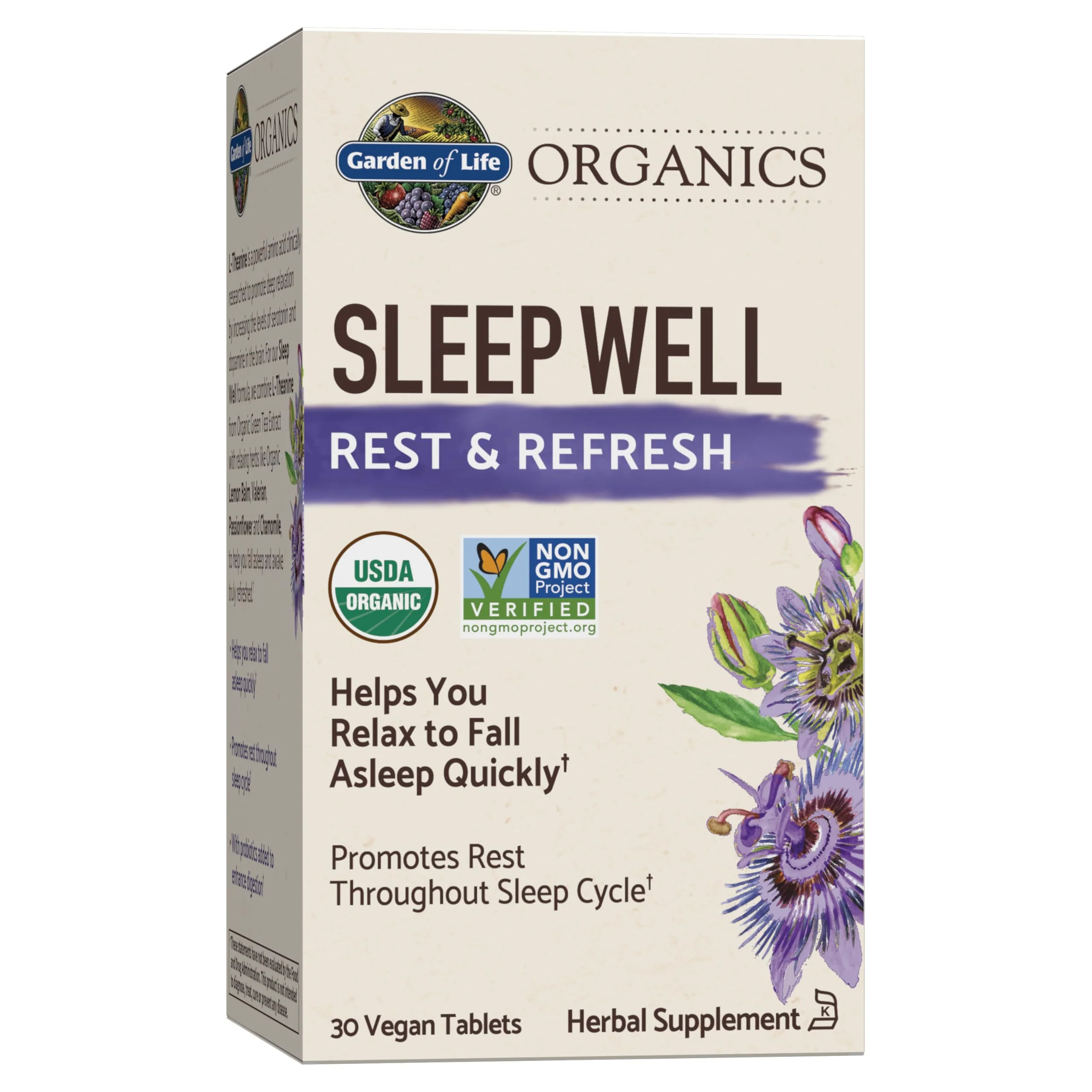 Garden of Life Organics Sleep Well Rest & Refresh 30 Tablets, Lemon Balm, Green Tea Extract L-Theanine, Valerian Root, Chamomile, Probiotics-Organic Non-GMO Vegan Gluten Free Herbal Supplement