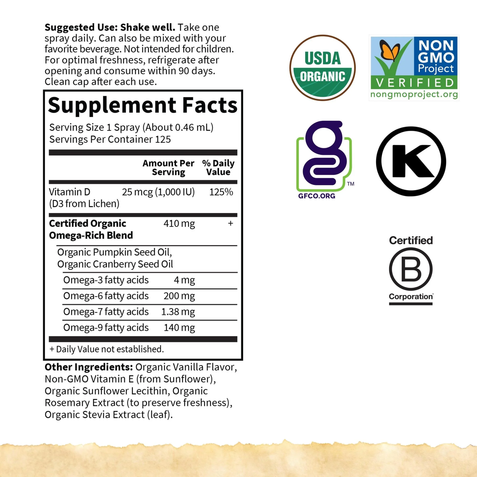 Garden of Life Organics Vegan Vitamin D3 for Women and Men, Liquid 1000 IU Per Spray, D3 Plus Omegas - Vanilla Flavor - 125 Servings - 2fl oz Liquid Whole Food Vitamin Supplement - Image 2