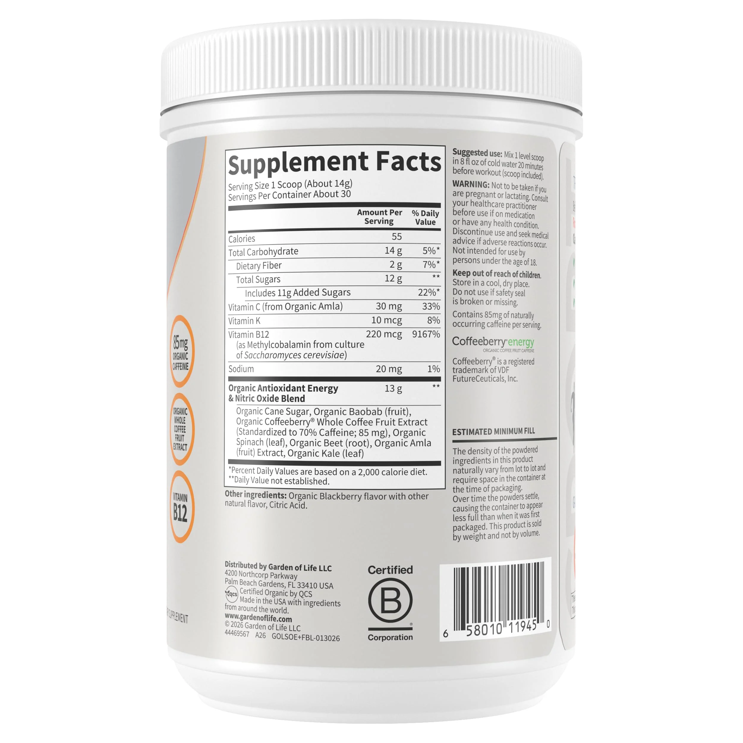Garden of Life Sport Organic Plant Based Energy + Focus Clean Pre Workout Powder, with 85mg Caffeine, Natural No Booster, B12, Vegan, Gluten Free, Non-GMO, BlackBerry, 15.3 Oz - Image 3