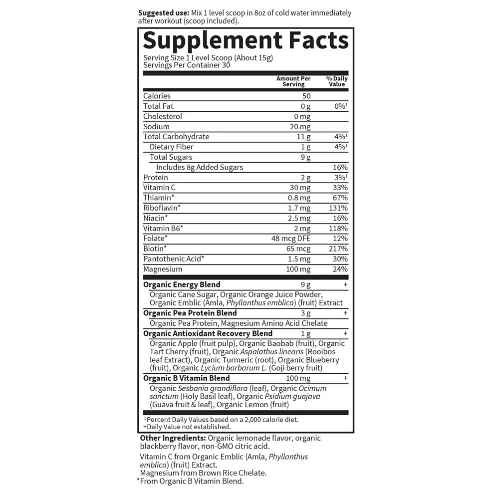 Garden of Life Sport Organic Plant-Based Recovery Powder – Muscle Recovery Supplement for Women & Men with Vitamins and Magnesium, Non-GMO, Gluten-Free, BlackBerry Lemonade Flavor, 30 Servings - Image 3