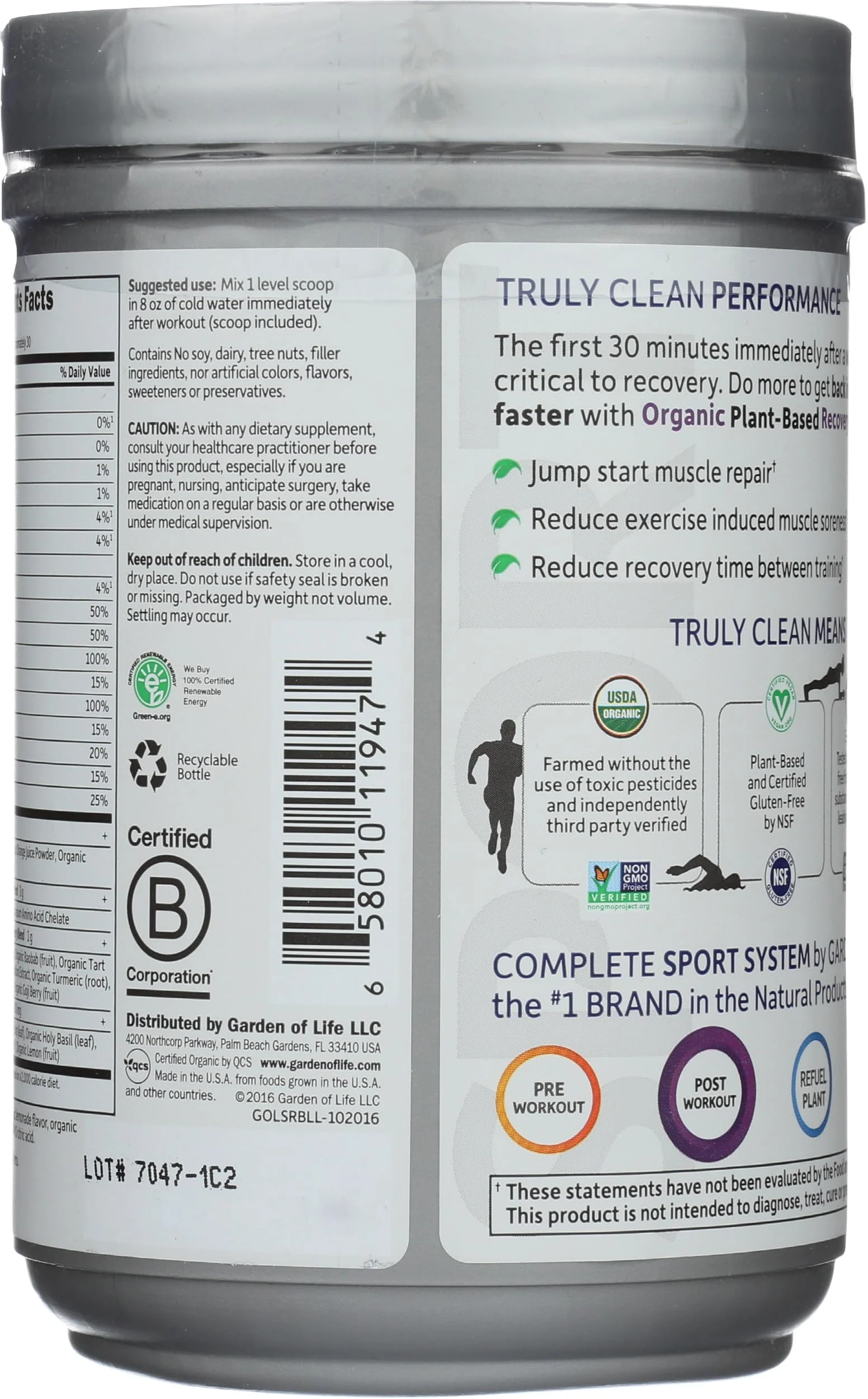 Garden of Life Sport Organic Plant-Based Recovery Powder – Muscle Recovery Supplement for Women & Men with Vitamins and Magnesium, Non-GMO, Gluten-Free, BlackBerry Lemonade Flavor, 30 Servings - Image 6