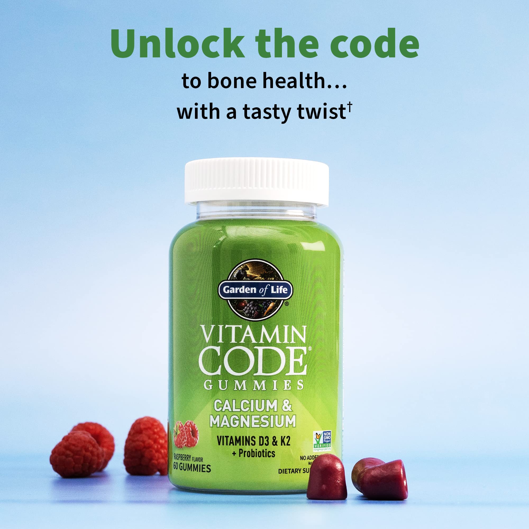 Garden of Life Vitamin Code Calcium Magnesium Gummies with D3 & K2, Supports Bone Health & Bone Strength + Prebiotics & Probiotics for Digestive Support, Non-GMO, Gluten-Free, 60 Raspberry Gummies - Image 6