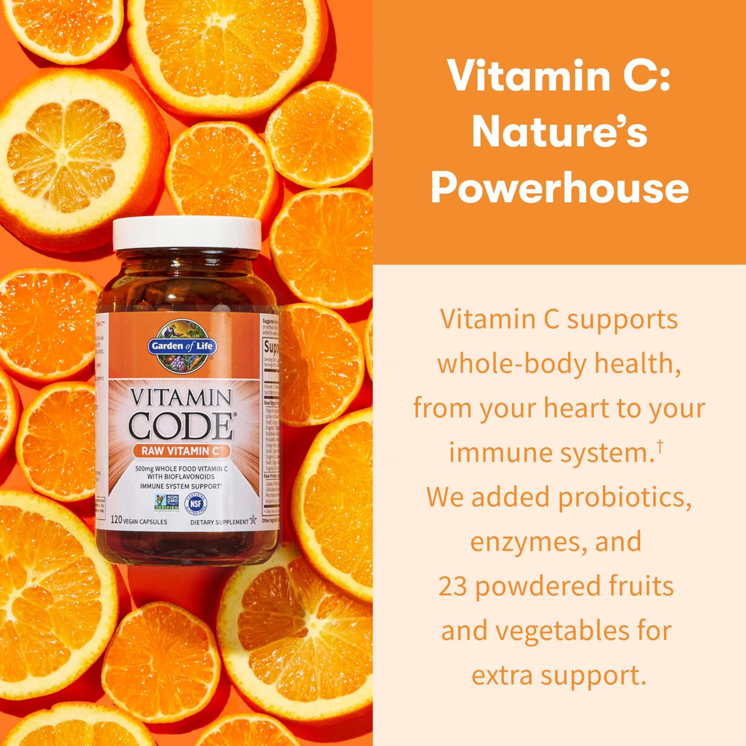 Garden of Life Vitamin Code Raw Vitamin C - 120 Capsules, 500mg Whole Food Vitamin C Capsules + Fruit & Veggie Blend & Probiotics, Supplements for Adults, Vegan, Gluten Free - Image 6