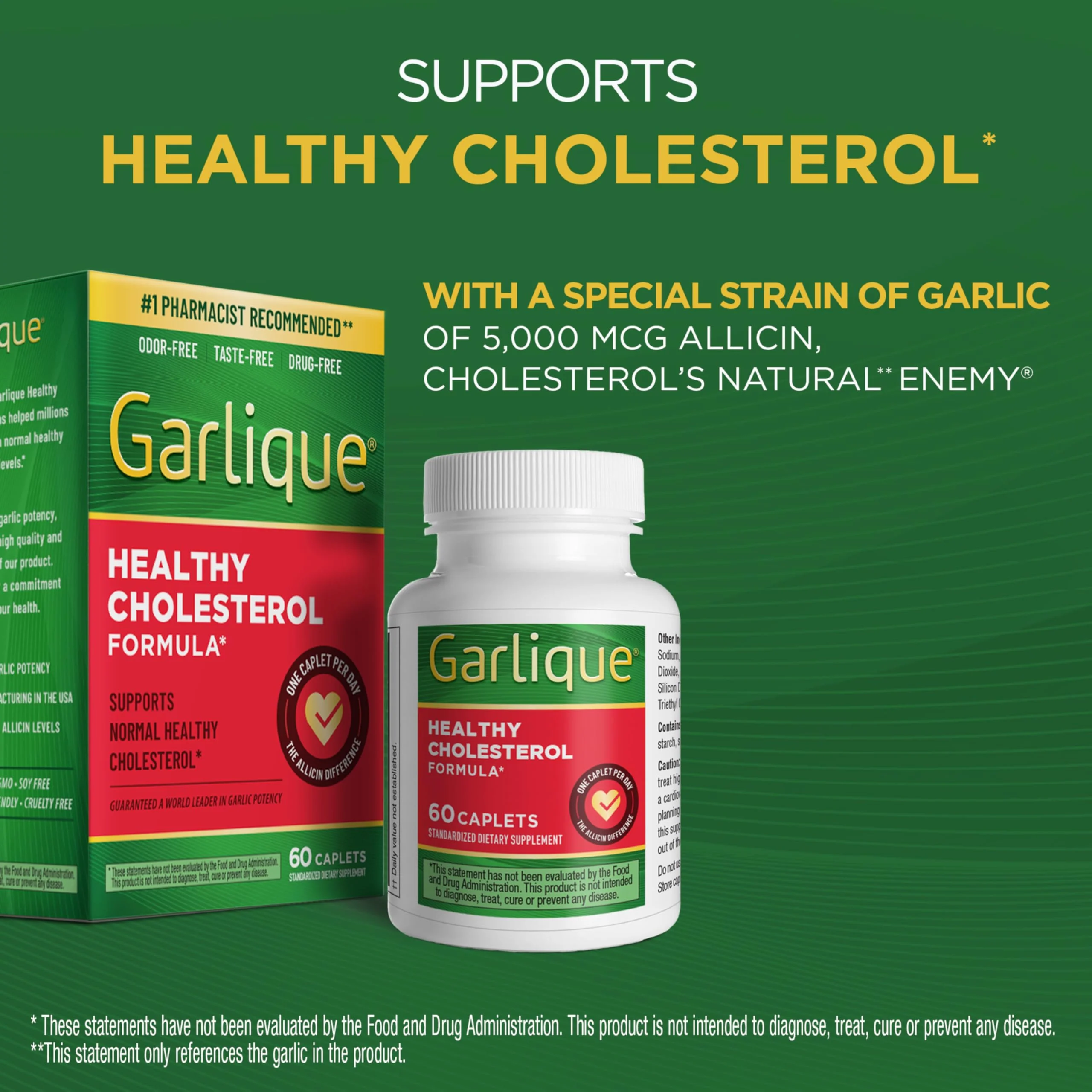 Garlique Garlic Extract Supplement, Healthy Cholesterol Formula, Odorless & Vegan, 60 Caplets - Image 7
