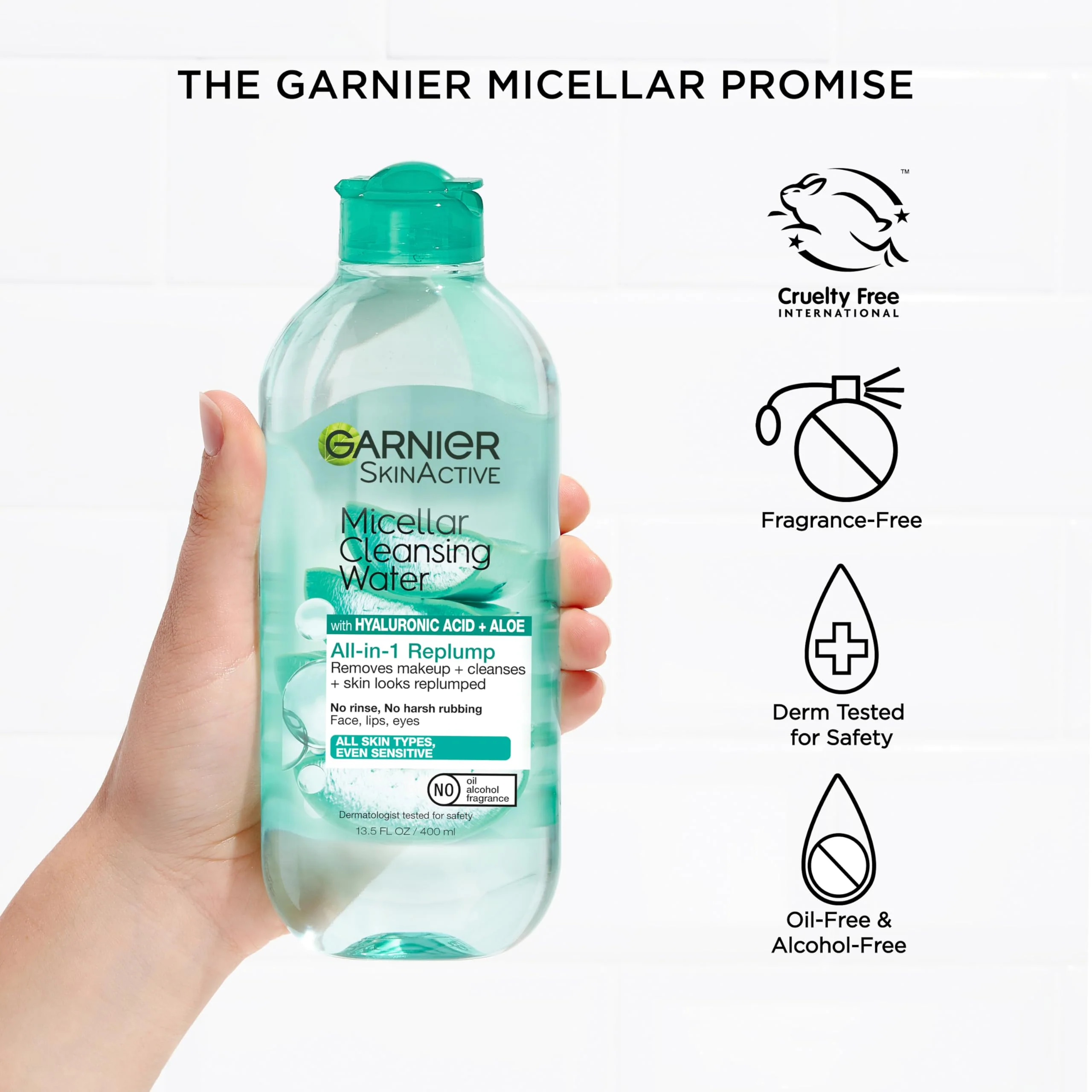 Garnier Micellar Water with Hyaluronic Acid, Facial Cleanser & Makeup Remover, Hydrating and Plumping, For All Skin Types, Vegan, Cruelty Free, 13.5 Fl Oz (400mL), 1 Count - Image 4