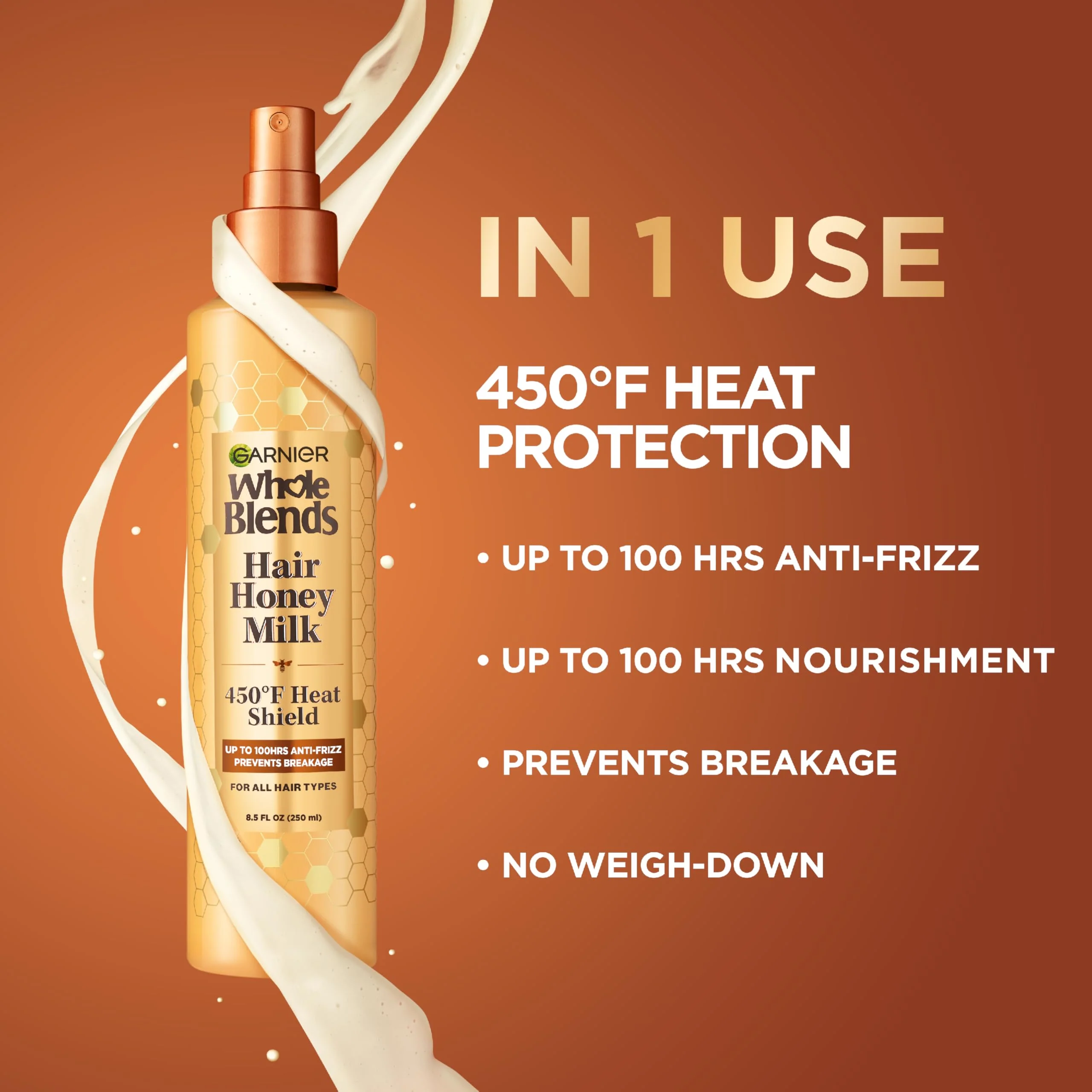 Garnier Whole Blends Hair Honey Milk 450F Heat Protectant Spray, For All Hair Types With Up To 100 Hrs of Frizz Control, 8.5 Fl Oz, 2 Count - Image 11