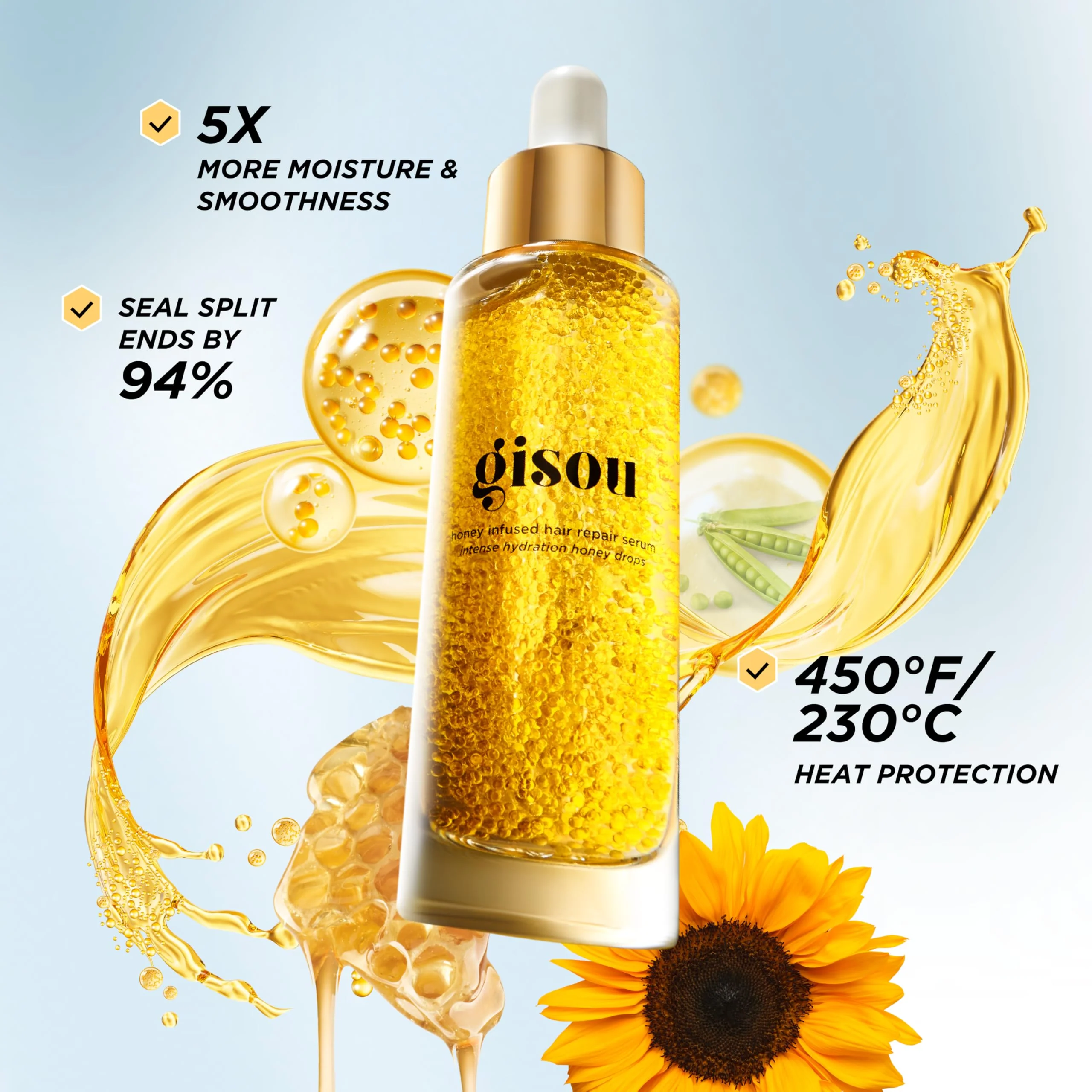 Gisou Honey Infused Hair Repair Serum – Strengthens & Seals Split Ends with Mirsalehi Honey & Plant-Based Keratin, Heat & UV Protection, 1 Fl Oz - Image 7