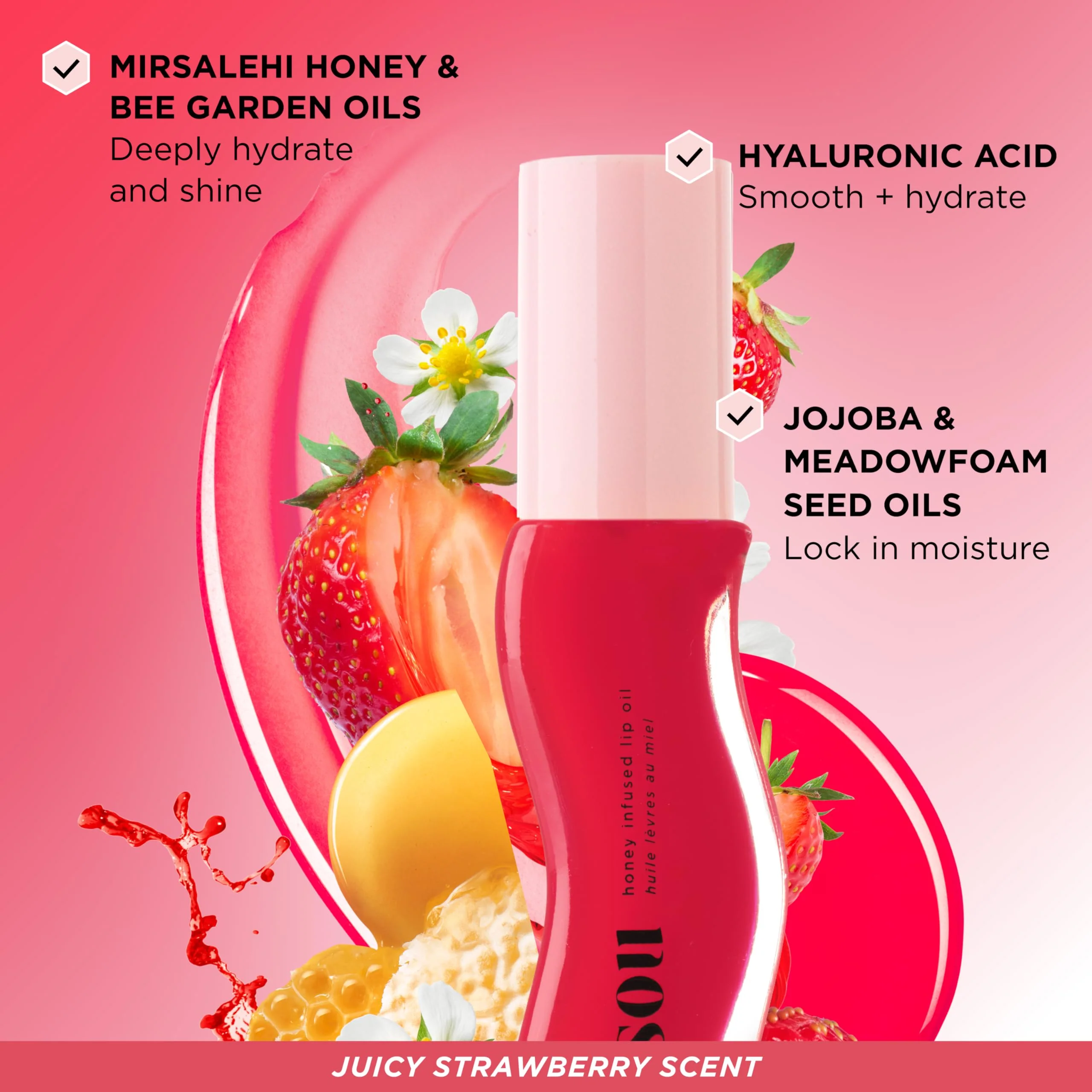 Gisou Honey Infused Hydrating Lip Oil, Nourishing Lip Moisturizer for Dry Lips, 0.27 fl oz (Strawberry Sorbet) - Image 4