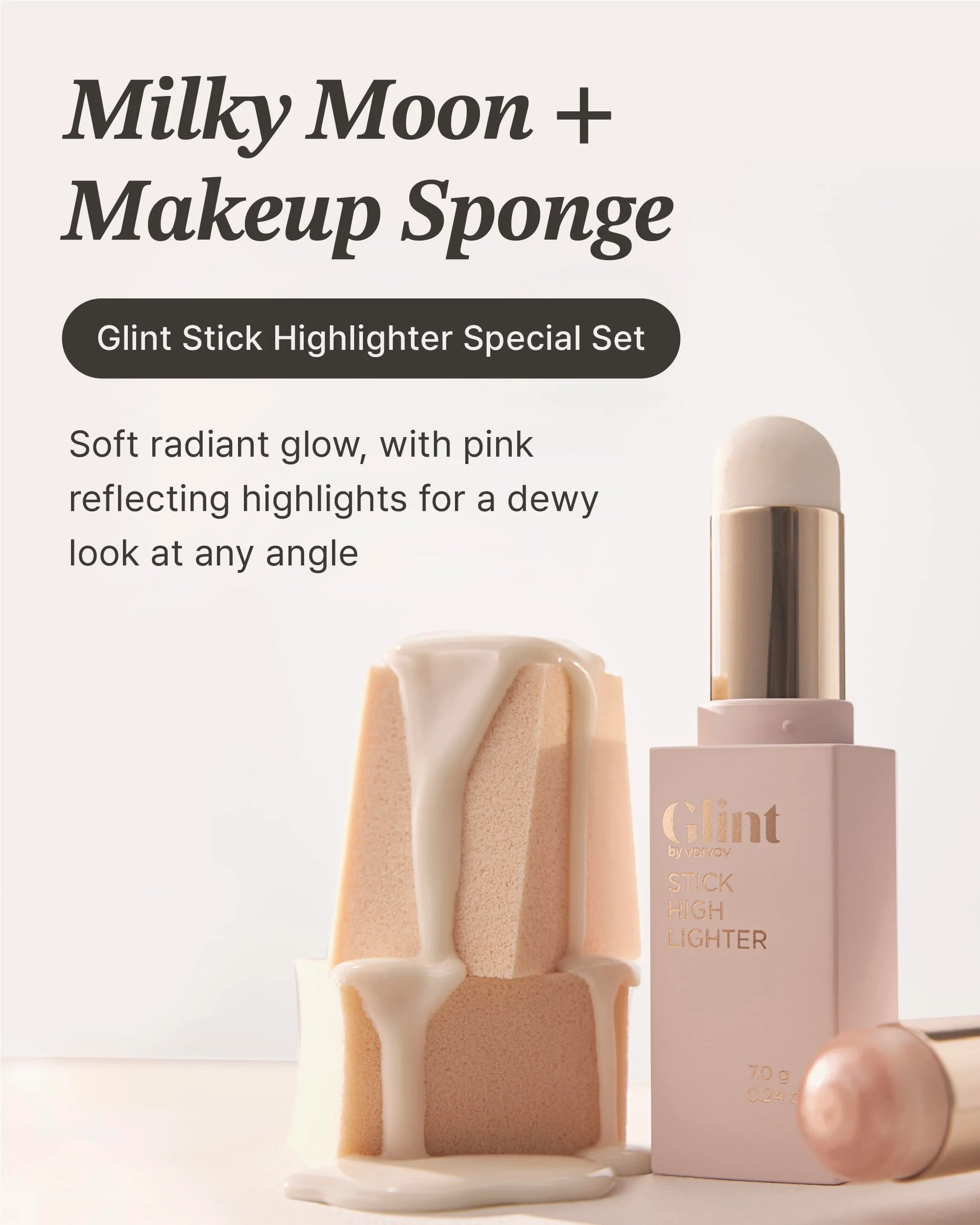 Glint Stick Highlighter Special Set (Milky Moon(Set), 0.24oz + Egg-Shaped Makeup Sponge) - Multi-Use Illuminator Stick. Korean Makeup by LG Beauty. Creamy & Blendable Color. - Image 7
