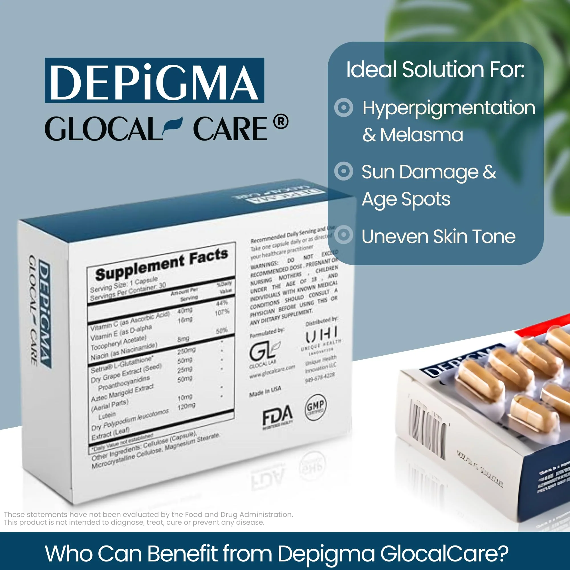GlocalCare Depigma Support Reduction of Hyperpigmentation, Melasma & Dark Spots with Glutathione, Polypodium Leucotomos, Grape Seed & Marigold Extract - Image 9