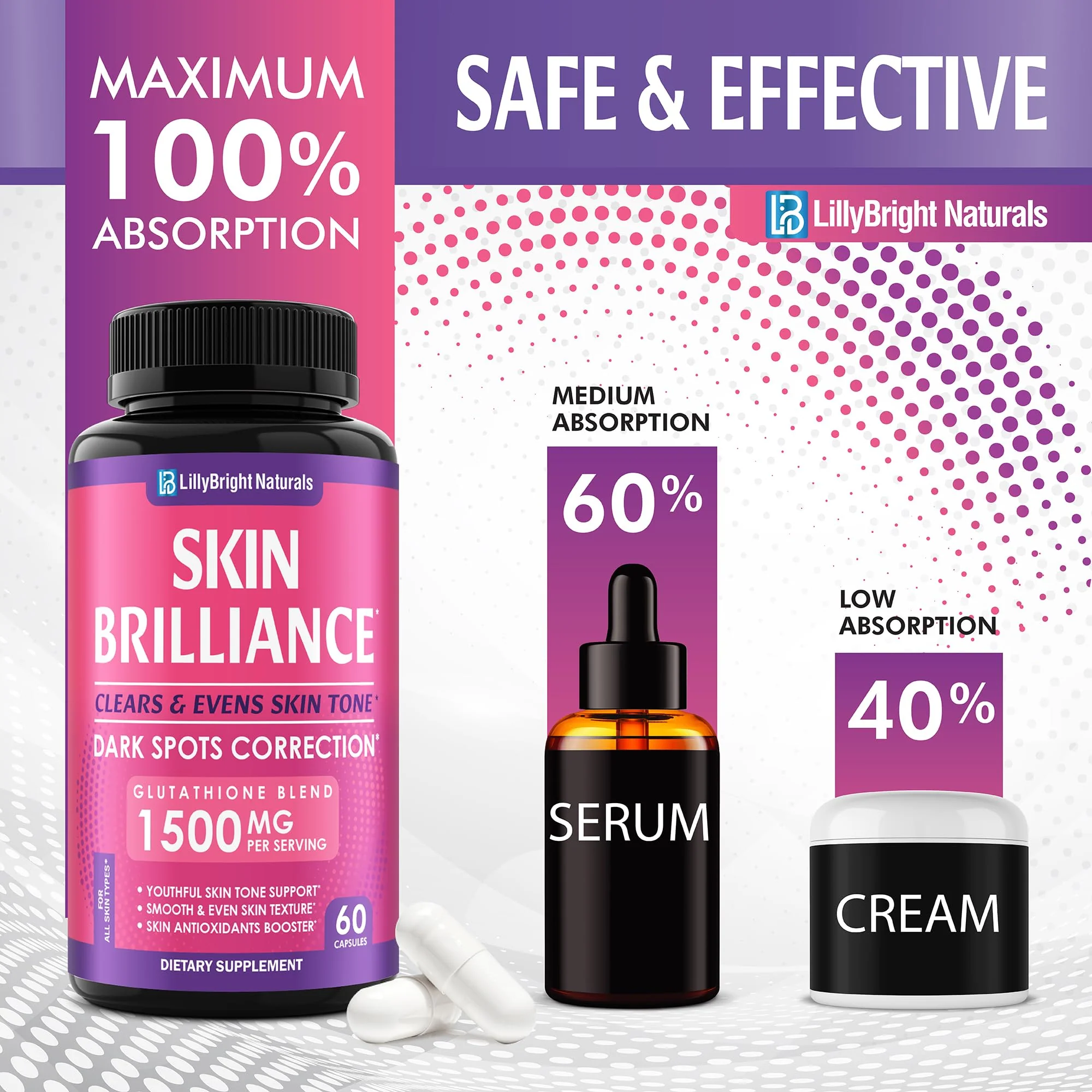 Glutathione Capsules - 1,500mcg L-Glutathione Supplement with Vitamin C - Skin Tone Enhancer - Targets Dark Spots & Acne Marks - Antioxidant Supplement for Beauty & Health Support - 60 Skin Pills - Image 3