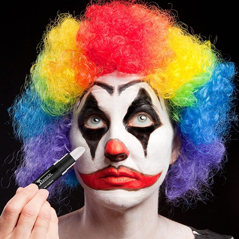 Go Ho 3 PCS Makeup Clown White Cream-Blendable Stick-Eye Black Sticks Face Body Paint Professional Halloween SFX Makeup,Safe Facepaint Nose&Lip Smacking for Sports Festival Make up(White+Black+Red) - Image 7