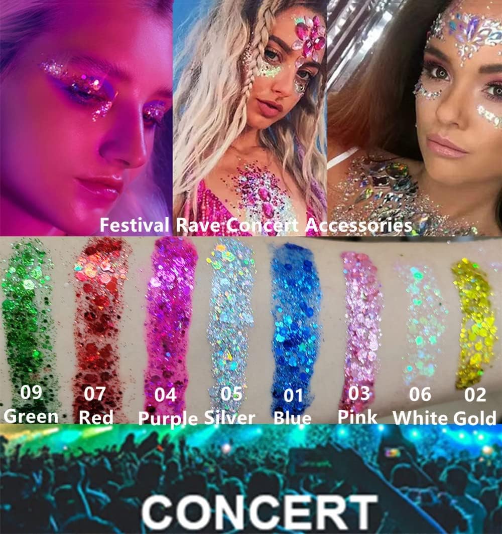 Go Ho Clear White Face Body Glitter - Party Flash Festival Rave Outfits for Women&Kids,Holographic Glitter White Face Paint,Halloween Mermaid Fairy Makeup Chunky Sequins Gel,Rave Pride Accessories - Image 2